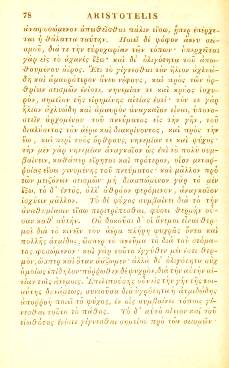 dvaif vaufxsvov aTXb)ß-üa-&ui miXiv i’i'aw, tai ij &aXttTTn ravrtjv. Uoin Si ipotpov livtv att- afjoii, Siuit iTjv fvqvxMQictv ra>v zönwv • vnfqxiiioii yuq tlg TO uyars? s^co’ xal öi okiyoTr]za zov ixziot- &ovjuirov uiqog. “Ezi zo yiyviad-ui zov z/Xtov uyXvüi- drj xut (xfiuvqoztqov avtv vitpov?, xal nqot zwv nq- ■&qioiv atia^wv iviozt, vrjvefxiav ze xul xqvog ioyv- qov, iSfifziluv zrjg flqTj/xivrjg ulziug ioii' zov ze yäq rjXioy uyXvutörj xul u^uvq'ov uvayxaltov tivui, vnovo- uztiv aqxo^ivov zov nvevjxazog elg zr\v yi)v, zov öiaXvovTog zov uiqu xul öiaxqirovzog, xul nqog zrji eo) , xul Ttiql zovg oq&qovg, vrjve^iuv ze xul ifv^og ■ zr\v fiev yuq riji'f^iuv uvuyxixiov wf inlz'o noXii üv/x- ßuiveiv, xu&untq ei'qrjzai xul nqozeqov, oiov fxezuq- qoiag eiob) yivof.ievi]g zoii nvev^uzog ‘ xul ^uXXov nqo zäiv fiet^ovwv oeiofiöw /ui) diuunü/utvov yuq zo fiev zö (5’ e'vzog, «//.'’ udqöov tpeqoftevov , uvuyxuiov layueiv /uüXXov. To 8e ifoyng ov/xßuivei öiü zo zr\v uvuxXvniuaiv eiaw Treqizqtnea&ui, qivoei &eq/ur/V oi'~ auv xud-' uvri]v. Oi öoxovai ö’ ol uve/xoi tivui öiq- fiol öiü zo xtvelv zov uiqu nXt]qi] tpv/qüg ovzu xul noXXijg uz/xidoi, üoneq zo nvevfxu zo öiu zov azo/iu- zog (fviiaifievov xul yuq zovzo /yyvO-fv fiit fou fiöv, (ojTTfq xul ozuv üügb>/.tev ' uXXu di oXiyozrjzu ovy o/xoio>g inid}jXoVTi6qQMd ev 5i i(jvxq6v,6tu zi]v uvzijv ui- ziuv zolg uvejxotg. 'TniXmovoi]g oiiv eig ztjv yjjv z7jgzot- uvzz]g övrü^awg, avviovau ötü vyqoztjzu i] uT/xidMÖijg UTZoqqoli Tioibi zo ipv/og, tr oi? avftßulvet zonoig yi- viod(ti zovzo zö TZii&og. TÖ (5’ nizo ulriov xitl zov elüo&ozog hivzi ylyvea-dui oi)uelnv nqo zwv aetoftwv ■