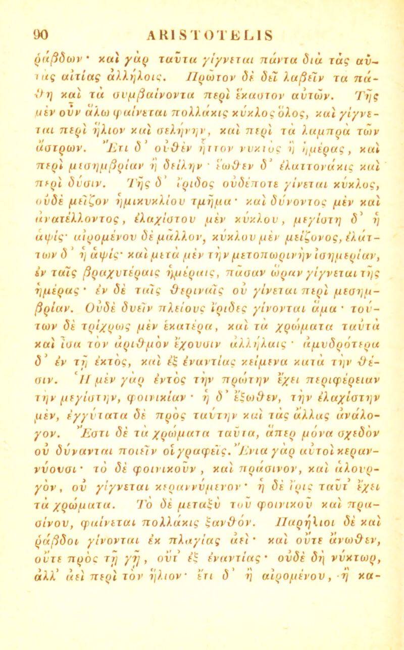 QitßÖMV xal /U(j ravTu yi/vixui nuyru diit rag av~ utg ulriag aU.i]l.oig. Il^wrov df du Xußnv ra nu- \It] xal TU ov^ßttivovxa ne^i (xuoroy avrüv. 'rijg utv Oliv «Äw if'ulytcat noXXäxtg xuxXog oXog, xul yiyvt- riu Tti^l ijXioy xul aeX-ijyjjy, xul ttiqI rü XujATrqu rü>y üarqcoy. ‘Eti 8' ovdiy ijiroy yvxtvg i) iifjtqag, xul TTfql nia't]^ßqluv i] diiXriv ■ toj^fy ö' (Xuiroyüxtg xul nfql övaty. Tr/g d‘ l'qidog oiiöiJTOTS y/ysrui xvxXug, oiide fifl^oy i}fuxvxXiov rfitjiau' xul övyoyrog fjty xal uyariXXovrog, iXayiorov uiy xvxXov, /jfyioiy] ö’ j; ütyig' ulqofriyov öe fxuXXoy, xvxXuv ftity ^il^ovog, iXür- ruiyö' xj vuyig' xal faxet füy xr^v ftixoTiM(tivx\v]ax]faqiuv, iv xu~ig ßquxvxiquig iffitquig, txuguv uqnv yiyvixuixtjg riftiqug • fv 8k xu'ig Oiqtyeug ov yiyxxui niql /tsaxjft- ßqluv. (Jv8k dvcly nXeiovg iotdeg yivoyxut ü/uu • xov- xwy 8k xqi/qMg ftkv exuxiqet, xul xu xqdiftaxa T«i’ni xul lou xoy tiqidfioy i'xovoiy itXXi/Xuig • ufivdqoxfqu 8’ iy xjj ixxog, xul ivuyxiug xtlfixvu xuxu xijy -Oi- aiv. ‘H fikv yttq iyxog xijv nqi'ixtjv i'xfi TxeQicpkquuv xxjy fayioxijv, (f oivixiuv ' xj 8’ t^ox&iv, xx]v eXaxlaxxjv fikv, fyyvxaxa 8k nqog xutxxjy xul rüg üXXag uvexXo- yov, 'Eoxi 8k xü xqoi/juxn xavxa, antq /joya axidov oii dvyavxai noalv olyQaefiig.'Eyiet yuQ ulxolxtquv- vvovai' xu 8k cpoivixovv , xul rxqüatyoy, xal etXovq- yov, ov yiyvcxai xenuyyvfayoy' r\ Sk ’iuig xaiix t'xit TMTo 8k ftixu^v XilV q>oiyixov xul rxqu- aivov, epuiytxui noXXexxig ^ay&oy. nuqr\\ioi 8k xal qdßSoi yh'oyxui ix TxXuyiag ufl‘ xul ovxt uvw&tv, oi'xe nqoe rjj yxj , ovx i^ iyuyxi'ng • ovdk dx) vvxxcoq, dlX’ lifi TXfql x6y xjXioy ixt 8’ xj atqofikyov, x] xa-