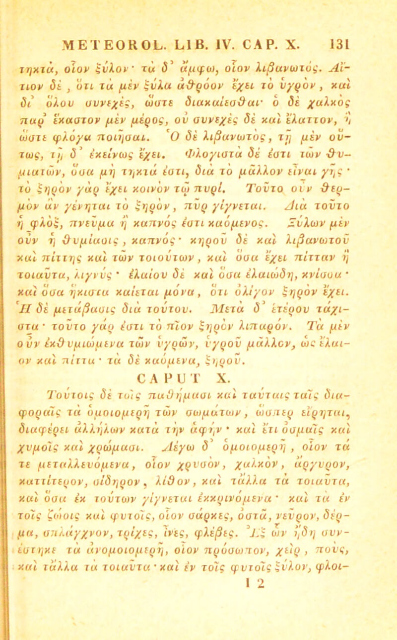 iT)Aiü, oloy ivioy rü J’ ufiifw, olov lißuvuiui. A'i- jiof 5i , ört TU fiiv ivku ud-^oov lö v/Qoy, xal öl (iXov uvv(;(ig, wuts öiaxuUadaf o öi j^uXxög Tiu^^ ixaaioy fiäf fiiqog, ov avve/sg di xul tXuTiov, ’/ öltfit (pX6/u noii\aui. 'O öi Xißuvuzog, xJJ fiiv ov- zuig, iT, (5’ ixtlviag <liXo/iaTu öi iait iixiv-Qv- fuuiüv, uoa fjLi} T»/XTU ioTt, öia to fiäXXov iivui y7,g • iti yuQ iyiL xoivov iw nvQl, Tovto oiv &t(j- (UÖv üV yiiTixui tÖ , tivq yiyvciui. /hu tovto »] cfXöi, nvtxifiu i] xunvog ioxL xuoyiivog. ^iXuiv fiiv ovv 1] 0 vfiiuotg , xanvog • xtj(jov öi xal Xißavurov xul nijirjg xul zwy Toiovitoy, xul oau iyei nLzzav >/ xoiavTu, Xiyrvg ‘ ^Auiov (5i xal oau iXuiüör], xviaou • xal oau Tjxiacu xuliiaifioya, öu oXt'yoy ^rjQov tyei. II öi fxtxußuaig öiit zoviov, Mtzu ö iri^ov tayt- aru • TOVTO yuti iazi zo n'iov Stj^oy Xinufjov. Tu fiiv ovv ixdvfncüfityu zuv v/QÜy, vy()ov (ÄÜXXcy, oieiXui- ov xal n/riu • tu öi xuo^iivu, ^i/^ov. C A P U 1 X. Tovioig öi To'ig nuOijfiuai xul zuvzuig za'ig öiu- cpoQulg zci ofioiofiegrj zöiv aiofiüzoiy, wa/it^ ti^i/zui, öiuTf igii uXXijXwy xaza zijy u(fi,v • xul tu oofiulg xal yvfiolg xal y(fci)/uuai. yliyu ö o^ioiojxtQi], oiov zu zt ^itzaXXivofxivu, o\ov y^vaöy, yuXxov, uQyvQoy, xuziizt(jov, aiörjfjov, Xidoy,xul zuXXa zu zoiuvza, xal oau ix lovzoiy yiyytzui ixxiiiyofifya ' xul zu fV zolg ^oioig xul tpvzoTg, oiov aü^xtg, oazü, yeii^ov, öi^j- fia, ajiXity/yov, z^i/tg, ivtg, ipXißtg. uy l/öt/ ouv- liarr/xe zu ayo/noiofii^7j, oiov n^oawzoy, yu^, novg, xal ziiXXa lu zoiuvza • xal iv zoig q:vio7g ^I.oy, ipXoi- I 2