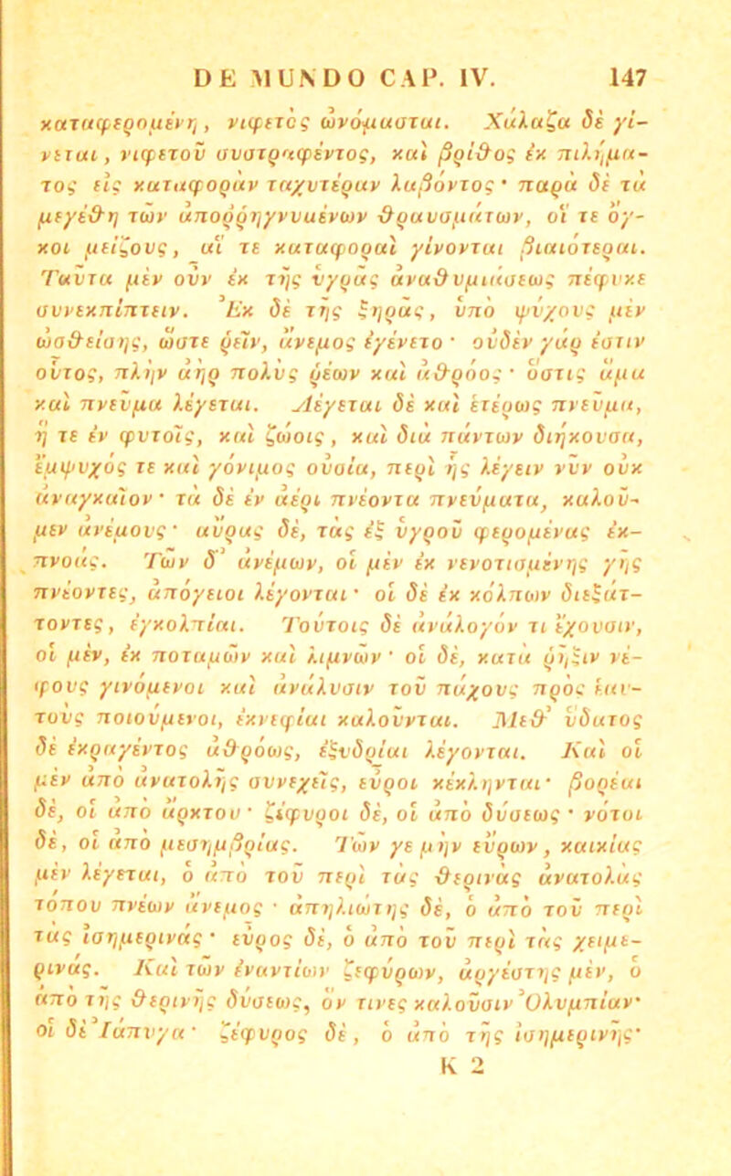 naxucffqouivr,, vt(feTC? uväfiuaxui. XtiXa^a de yi~ vitui, vicptTOV avaxqrt(f>ivzog, xul ßqid-o? ix Tith'jfux- log ft, x.uTU(foqitv rn/vTequv kußovxog • naqu öe tu fityi&t] TW»' UTioqqijyvvusvwv ^quv(j/.iüru)r, oV re by- xoi fjei^ovg, ui te xuruqioqal yivovTui ßiniorsqni. Tuvtu ^liv ovi' ix Tijg vyqug ayu&Vfuuaewg Tiicpvxe avvtxnimeiv. Ex öe t»/? ^tjqug, vn'o ipv/ovg /.tex wa&sia)]g, wate qe'h', itvEfiog iyivETo ‘ ovöiv yüq iouv ovTog, nXijv urjq Troll»? qecov xul u&qoog • oaxig ü^iu xul nvEVfiu leyerui. yliyeTui 6s xul eTsowg nrev/xu, 1] TE iv cpvToig, xul ^cboig, xul öiü nüynoy önjxovau, i'uifivyog te xul yoytjuog ovaiu, neql Ijg keyetv vvv ovx itvuyxu'iov • TU Öe iy udqt nvioyTU nyevfiuTU, xuXoü^ (xey uvEuovg' uvqug öe, Tug i^ vyqoü q^eqo/jiyug ix- ^ ^Ttyoug. Twy öi uyiftwy, ol (iiy ix yeyoTiaueytjg yiig nytovTEg, unoyetoi XiyovTui • ot öi ix xbXnwy Öie^Üt- Toi'Tt?, iyxoX^iui. Toinoig öi uyukoyoy ti i'yovoiy, ot /JEV, ix TtoTufjüiy xul kiftyüy ot öe, xutu qtiiiv vi- ifovg yivo^eyoi xul uyükvaiv xov nü^ovg nq'og eui- Tovg notovjjEroi, ixvEifiui xakobyTui. 31e&' vöuTog öe ixqnyeyTog udqowg, i^vöqiui ksyoyTUi. Kul ot l^iy UTTO uyuToki]g avysyHg, Evqoi xixkijyTUL' ßoqiui öe, Ot uno uqxTOu ' ^iepvqoi öe, ot unb övoEtag ’ votui 6s, ol uno fiEOtifißqiug. Ttay yE/uljy evqwv, xuixiug ^iiy keytrui, o unb tov neq! Tug T&Eqirüg üvuTokug Tonov nyiwy uysfiog ■ anijkiuTqg öi, b unb tov neql Tug tarjuEqiydg • liiqog öi, b unb tov neql Tug yei/JE- qivug. Kul Twv iyuvTioiy ^ecpvqoiy, uqyioTT]g fiiv, b nnoTijg &Eqiyijg <5oofti)?, by Tiveg xakovoiv^ükvfjiniuy Ol öi lunvyw ^icpvqog öi, b unb T/jg luiifieqcytjg’ K 2