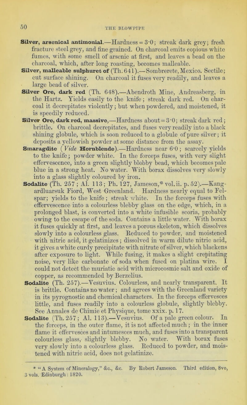 Till': BT.OWPTPK r)0 Silver, arsenical antimonial.—Hardness = 3'0; streak dark grey; fresh fracture steel grey, and fine grained. On charcoal emits copious white fumes, Avith some smell of arsenic at first, and leaves a head on the charcoal, which, after long roasting, becomes malleable. Silver, malleable sulphuret of (Th. 641).— Sombrerete, Mexico. Sectile; CAit surface shining. On charcoal it fuses very readily, and leaves a large bead of silver. Silver Ore, dark red (Th. 648).—Abendroth Mine, Andreasberg, in the Hartz. Yields easily to the knife ; streak dark red. On char- coal it decrepitates violently; but when powdered, and moistened, it is speedily reduced. Silver Ore, dark red, massive,—Hardness about = 3’0; streak dark red; brittle. On charcoal decrepitates, and fuses very readily into a black shining globule, which is soon reduced to a globule of pure silver; it deposits a yellowish powder at some distance from the assay. Smaragdite ( Vide Hornblende).—Hardness near 6'0 ; scarcely yields to the knife; powder white. In the forceps fuses, with very slight effervescence, into a green slightly blebby bead, which becomes pale blue in a strong heat. No water. With borax dissolves very slowly into a glass slightly coloured by iron. Sodalite (Th. 257 ; Al. 113; Ph. 127, Jameson,*’\*ol.ii. p. 52).—Kang- ardluarsuk Fiord, West Greenland. Hardness nearly equal to Fel- spar; yields to the knife ; streak white. In the forceps fuses with effervescence into a colourless blebby glass on the edge, which, in a prolonged blast, is converted into a white infusible scoria, probably owing to the escape of the soda. Contains a little water. With borax it fuses quickly at first, and leaves a porous skeleton, which dissolves slowly into a colourless glass. Reduced to powder, and moistened with nitric acid, it gelatinizes; dissolved in Avarm dilute nitric acid, it gives aAvhite curdy precipitate Avith nitrate of silver, Avhich blackens after exposure to light. While fusing, it makes a slight crepitating noise, very like carbonate of soda when fused on platina Avire. I could not detect the muriatic acid Avith microcosmic salt and oxide of copper, as recommended by Berzelius. Sodalite (Th. 257).—VesuAuus. Colourless, and nearly transparent. It is brittle. Contains no water; and agrees with the Greenland variety in its pyrognostic and chemical characters. In the forceps effervesces little, and fuses readily into a colourless globule, slightly blebby. See Annales de Chimie et Physique, tome xxix. p. 17. Sodalite (Th. 257 ; Al. 113).—VesuA'ius. Of a pale green colour. In the forceps, in the outer ffame, it is not affected much ; in the inner flame it effervesces and intumesces much, and fuses into a transparent colourless glass,- slightly blebby. No water. AVith borax fuses very slowly into a colourless glass. Reduced to powder, and mois- tened with nitric acid, does not gelatinize. *“ A System of Mineralogy,” &c., &c. By Kobert Jameson. Third edition, 8vo, 3 vols. Edinburgh: 1820.