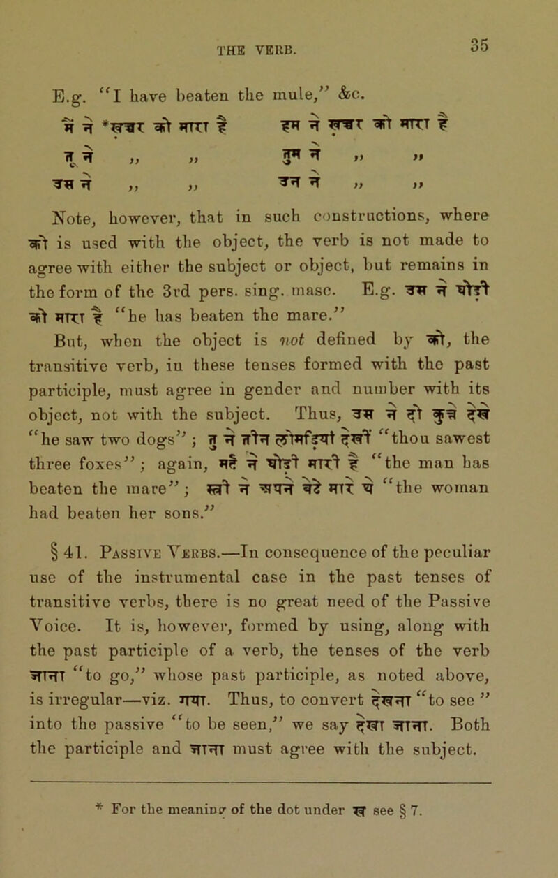 E.g. “I have beaten the mule, &c. H ^ ^ mrT t *nTT t *s ^ )) » tf ft *T >> )) if if Note, however, that in such constructions, where oF> is used with the object, the verb is not made to agree with either the subject or object, but remains in the form of the 3rd pers. sing. masc. E.g. TH HTTT ^ “he has beaten the mare.'' But, when the object is not defined by the transitive verb, in these tenses formed with the past participle, must agree in gender and number with its object, not with the subject. Thus, »T ^ “he saw two dogs ; K ^ “thou sawest three foxes ; again, ‘the man has beaten the mare ; ^ mi ^ “the woman had beaten her sons. § 41. Passive Verbs.—In consequence of the peculiar use of the instrumental case in the past tenses of transitive verbs, there is no great need of the Passive Voice. It is, however, formed by using, along with the past participle of a verb, the tenses of the verb WRT “to go, whose past participle, as noted above, is irregular—viz. rnn. Thus, to convert “to see  into the passive “to be seen, we say WTITT. Both the participle and must agree with the subject. For the meaniDV of the dot under see § 7.