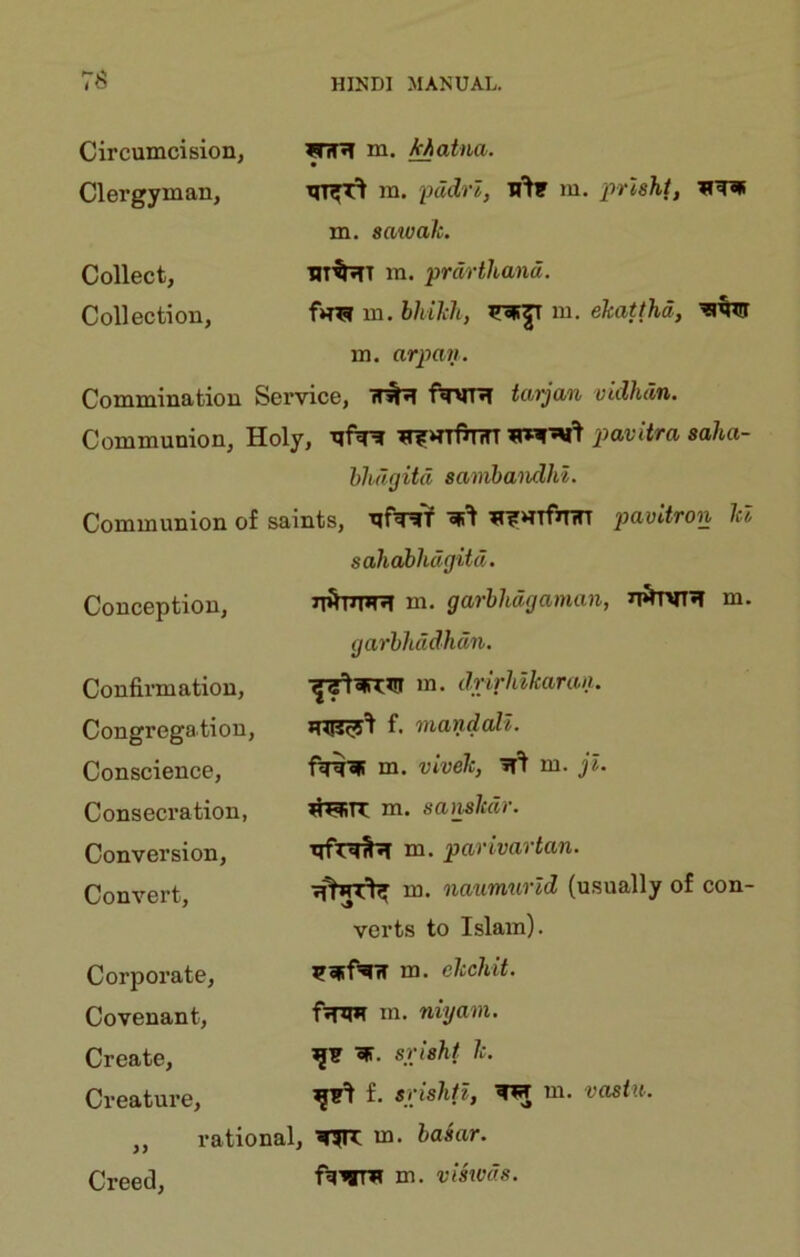 Circumcision, fTiTT m. khatna. • Clergyman, m. pddrl, m. jrrlshi, m. sawah. Collect, ■JIT^T m. prdrthand. Collection, m. bhikh, m. ehatthd, m. arpan. Commination Service, T(in tarjan vklhan. Communion, Holj r, ygMTfirUT pavitra saha- hhdfjitd aamhaiulhi. Communion of saints, TjfTsnf ll sahahhdgUd. Conception, Ti^TJPTfT m. garbhdgaman, n^TVT»T m. garhhddhdn. Confirmation, in. drirhikaraii. Congregation, f. mandall. Conscience, m. vivek, jt'I m. jl. Consecration, m. sanskdr. Conversion, m. parivartan. Convert, m. naumurld (usually of con- verts to Islam). Corporate, m. ekchit. Covenant, frijiT m. niyam. Create, «»r. srisht k. Creature, f. srishfl, ni. vasiU: ,, rational. , m. basar. Creed, m. viswds.