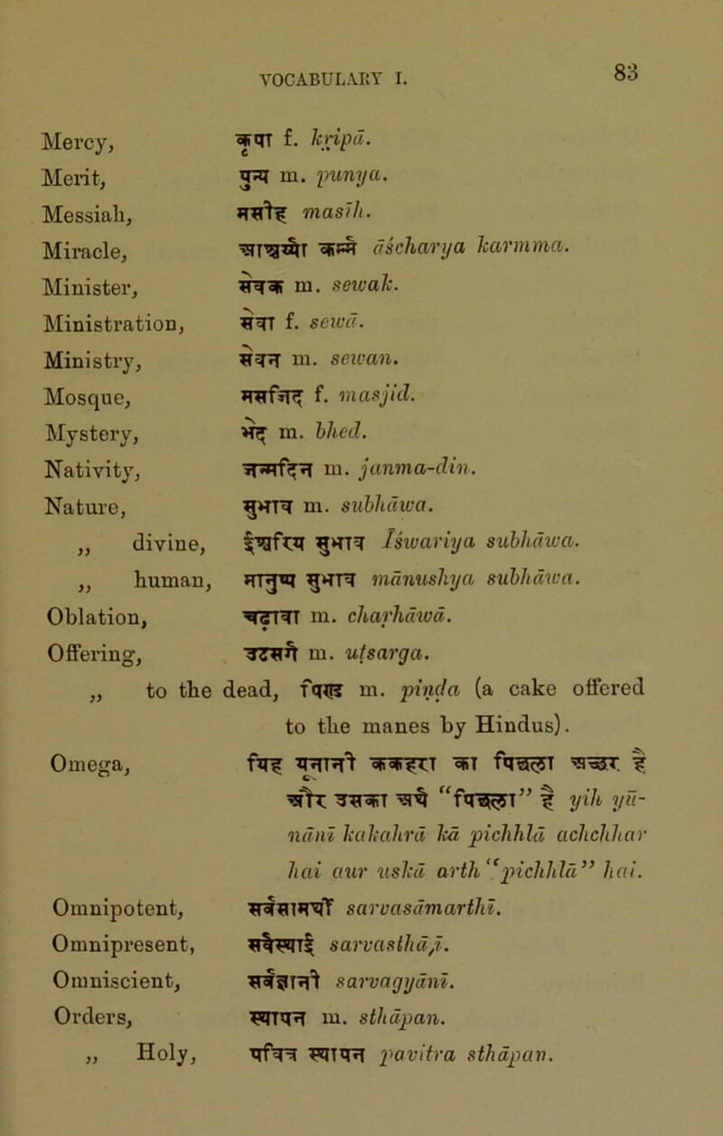 Mercy, Merit, Messiah, Miracle, Minister, Ministration, Ministry, Mosque, Mystery, Nativity, Nature, ,, divine, ,, human. Oblation, Offering, ,, to the Omega, Omnipotent, Omnipresent, Omniscient, Orders, » Holy, ^qr f. hipd. m. puny a. masili. ^T''3^T dscharya havmnui. m. setvah. qqr f. seicd. qqq m. seivan. f. masjlcl. m. hhecl. m. janma-din. gqrq m. subhdiva. Isivariya suhhdwa. HT^iq mdnusliya subhdwa. ^Trqr m. charhdwd. m. ufsarga. dead, fq^is m. pinda (a cake offered to the manes by Hindus). oRq-^n q<T fqWT ? C-> TqqiT “fqq^^yi” t yih yu- ndni hubalird ltd piclihld ciclichhar hai cnir uslcd aHh“piclildii” hai. qqqiqqT sarvasdmarthi. q%Wr| sarvaslhd,i. sai'vagydm. Wiqq m. sthdpan. qfqq FlTqq pavltra sthdpan.