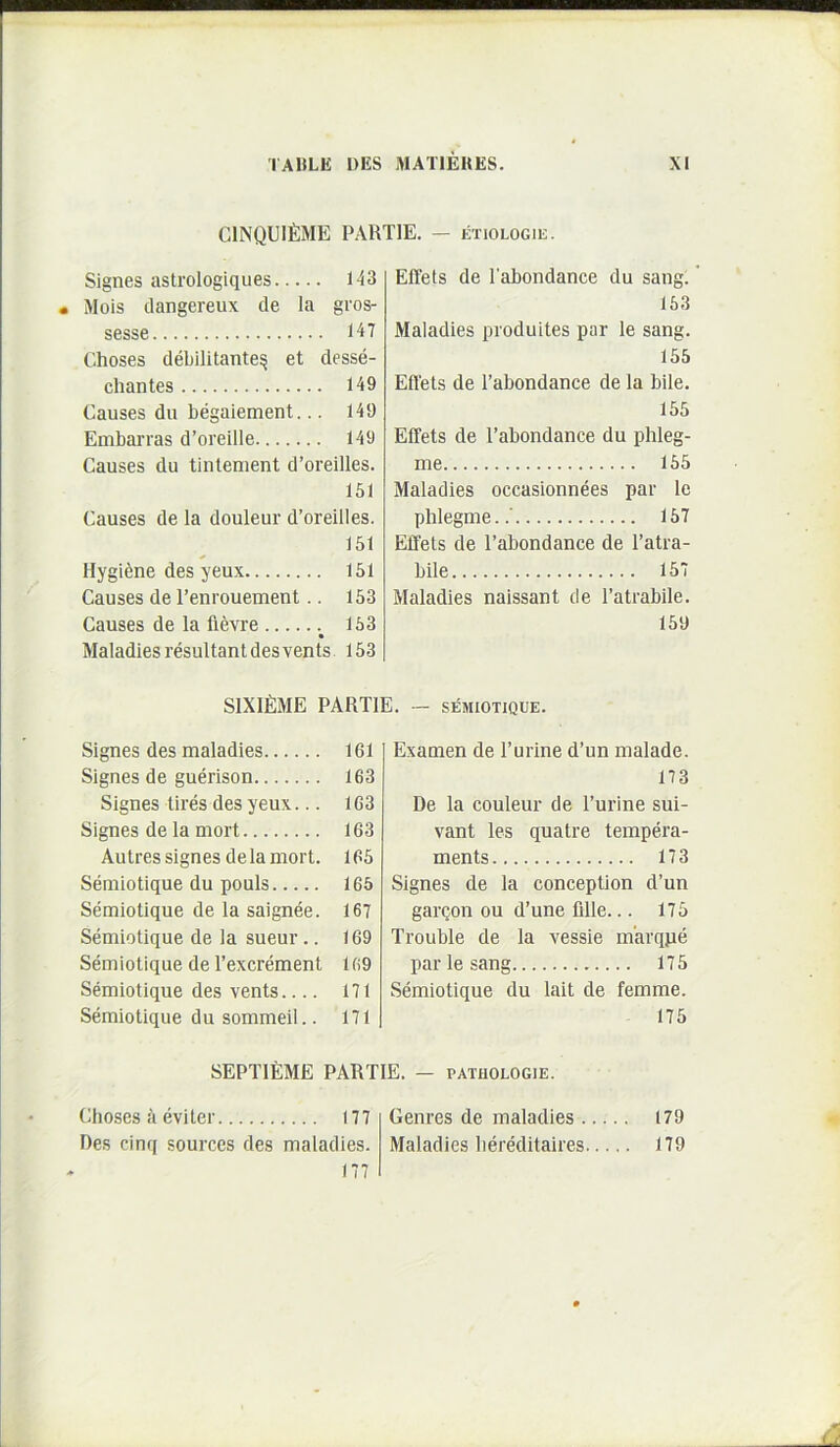 CINQUIEME PARTIE. — etiologie. Signes astrologiques 143 • Mois dangereux de la gros- sesse 147 Choses debilitante^ et desse- chantes 149 Causes du begaiement... 149 Embarras d’oreille 149 Causes du tintenient d’oreilles. 151 Causes de la douleur d’oreilles. 151 Hygi^ne des yeux 151 Causes de renrouement.. 153 Causes de la flevre 153 Maladies resultant des vents 153 Effets de 1'abondance du sang.' 153 Maladies produites par le sang. 155 Eftets de l’abondance de la bile. 155 Effets de l’abondance du phleg- me 155 Maladies occasionnees par le phlegme..' 157 Effets de l’abondance de 1’atra- bile 157 Maladies naissant de 1’atrabile. 159 SlXifiME PARTIE. — semiotique. Signes des maladies 161 Signes de guerison 163 Signes tires des yeux... 163 Signes de la mort 163 Autres signes de lamort. 165 Semiotique du pouls 165 Semiotique de la saignee. 167 Semiotique de la sueur.. 169 Semiotique de 1’excrement 169 Semiotique des vents 171 Semiotique du sommeil.. 171 Examen de Turine d’un malade. 173 De la couleur de 1’ui'ine sui- vant les quatre tempera- ments 173 Signes de la conception d’un garQon ou d’une fllle... 175 Trouble de la vessie marqpe par le sang 175 Semiotique du lait de femme. 175 SEPTIEME PARTIE. — pathologie. Choses 5 eviter 177 Genres de maladies 179 Des cinq sources des maladies. Maladies liereditaires 179 177