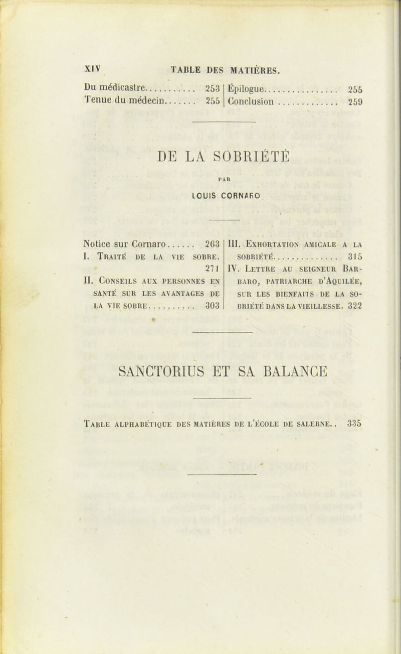 Du medicasire 253 Tenue du medecin 255 Epilogue 255 Conclusion 259 DE LA SOBRIETE TAK LOUIS CORNARO Notice sur Cornaro 2G3 I. TRAITE de LA VIE SOBRE. 271 II. CONSEILS AUX PERSONNES EN SANTE SUR LES AVANTAGES DE LA VIE SOBRE 303 III. ExHORTATION amicale a LA SOBRIETE 315 IV. LeTTRE au SEIGNEUR BAR- BARO, PATRIARCHE d’AqUILEE, SUR LES BIENFAITS DE LA SO- brietedanslavieillesse. 322 SANCTORIUS ET SA RALANGE TaBLE alphabetique des MATlilRES DE l’ECOLE DE SALERNE. . 335