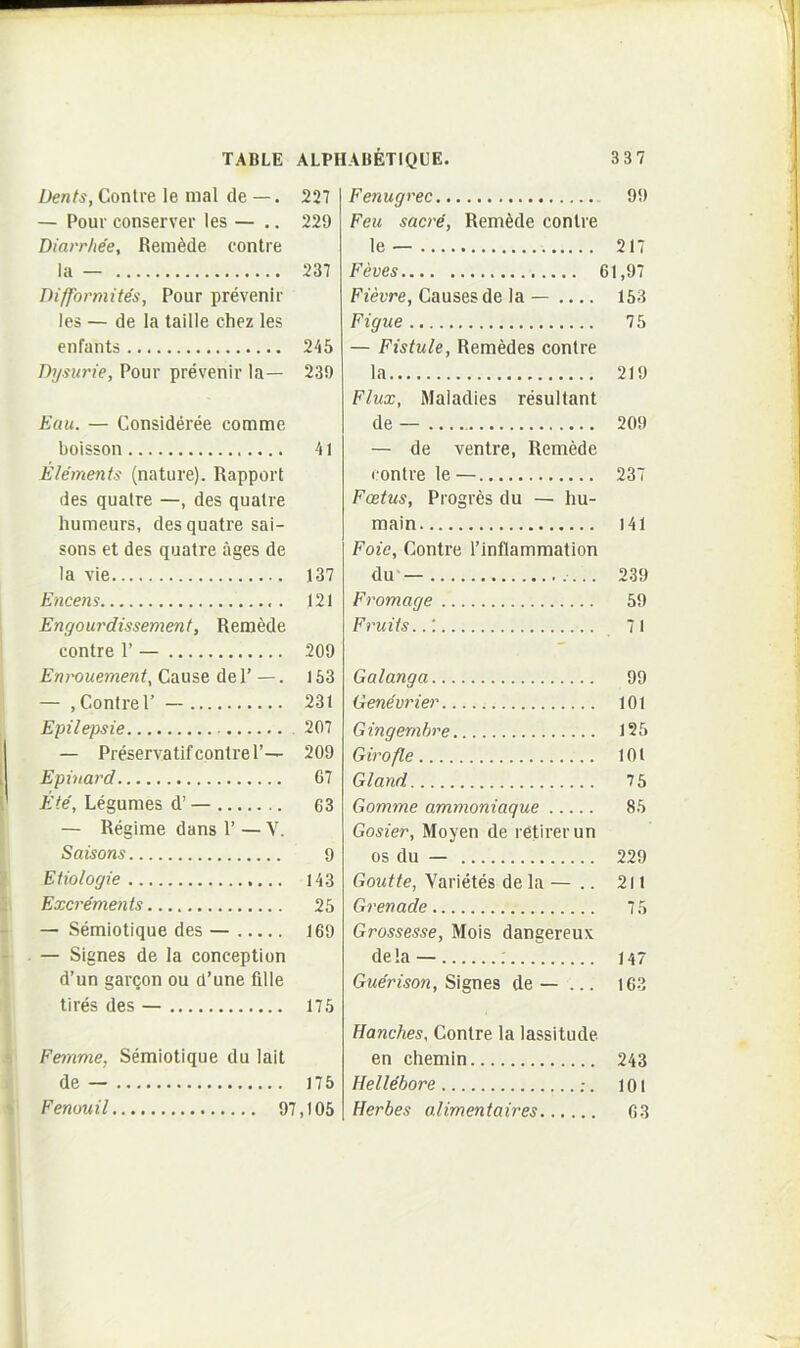 Dents, Contre le mal de —. — Pour conserver les — ., Diarrliee, Rem^de contre Ia — Difformites, Pour prevenir les — de la taille chez les enfants 245 Dusurie, Pour prevenir la— 239 Eau. — Consideree comme boisson 41 Elements (nature). Rapport des qualre —, des quatre humeurs, des quatre sai- sons et des quatre ages de Ia vie 137 Encens 121 Engourdissement, Remede contre 1’ — 209 Enrouement, Cause dei’ — . 163 — , Contre r — 231 Epilepsie 207 — Preserva tif contre 1’— 209 Epinard 67 E te, Legumes d’ — 63 — Regime dans 1’ — Y. Saisons 9 Efiologie 143 Excrements 25 — Semiotique des — 169 — Signes de Ia conception d’un garqon ou d’une fille tires des — 175 Femme, Semiotique du lait de — 175 Femuil 97,105 337 Fenugrec 99 Feu sacre, Remede contre le — 217 Feves 61,97 Fzetre, Causesde la — 153 Figue 75 — Fistule, Remedes contre la 219 Flux, Maladies resultant de — 209 — de ventre, Remede contre le — 237 Foetus, Progres du — hu- main 141 Foic, Contre rinflammation du — 239 Fromage 59 Fruits..'. 71 Galanga 99 Genevrier 101 Gingemhre 125 Girofle 101 Gland 75 Gomme ammoniaque 85 Gosier, Moyen de reCrerun os du — 229 Goutte, Varietes de la — .. 2l 1 Grenade 75 Grossesse, Mois dangereux dela — ; 147 Gwerisow, Signes de — ... 163 Hanches, Contre la lassitude en chemin 243 HelMhore .-. 101 Herbes alimentaires 63 T.4BLE ALPHABETIQUE. 227 229 237