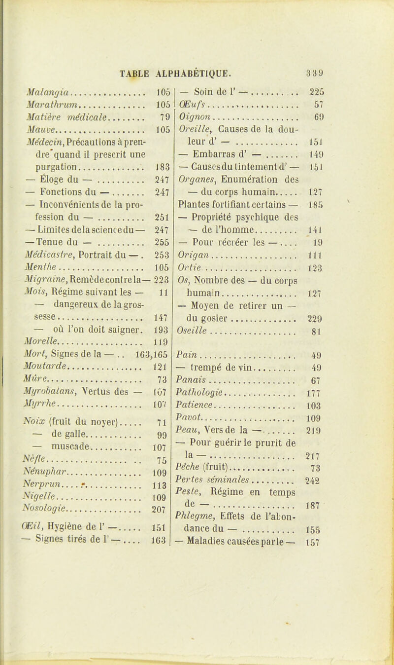 Malangia 105 Ma>'ath)'um 105 Matiere medicale 79 Mauve 105 -Wdecin, Precaulions 5 pren- drequand il prescrit une purgation 183 — filoge du — 247 — Fonctions du — 247 — Inconvenients de Ia pro- fession du — 251 — Limites delasciencedu— 247 — Tenue du — 255 Medicasire, Portrait du — . 253 Menthe 105 372'^rame,Rem^decontrela— 223 Mois, Regime suivant les — 11 — dangereux de la gros- sesse 147 — ou Ton doit saigner. 193 Morelle 119 Mort, Signes de la — .. 163,165 Moutarde 121 Mure 73 Myrohaians, Verius des — 107 Myrrhe 107 Noix (fruit du noyer) 71 — de galle 99 — muscade 107 l<efle 75 Nenuphar 109 Nerprun .• 113 Nigelle 109 Nosologie 207 (EU, Hygi^ne de 1’ — 151 — Signes lires de 1’— 163 — Soin de 1’ — 225 (Eufs 57 Oignon 69 Oreille, Gauses de la dou- leur d’ — 151 — Embarras d’ — 149 — Causesdulinlemenld’— 151 Organes, Enumeralion des — du corps humain 127 Plantes forlifiant cerlains — 185 — Propriete psychique des — de Thomme 141 — Pour recreer les — 19 Origan 111 Ortie 123 Os, Nombre des — du corps humain 127 — Moyen de relirer un — du gosier 229 Oseille 81 Pain 49 — Irempe de vin 49 Panais 67 Pathologie 177 Patience 103 Pavot 109 Peau, Versde la —- 219 — Pour guerir le prurit de la — 217 PdcAe (fruit) 73 Pertes seminales 242 Peste, Regime en temps de — 187 Phlegme, Effets de Fabon- dancedu— 155 — Maladies causeesparle— 157