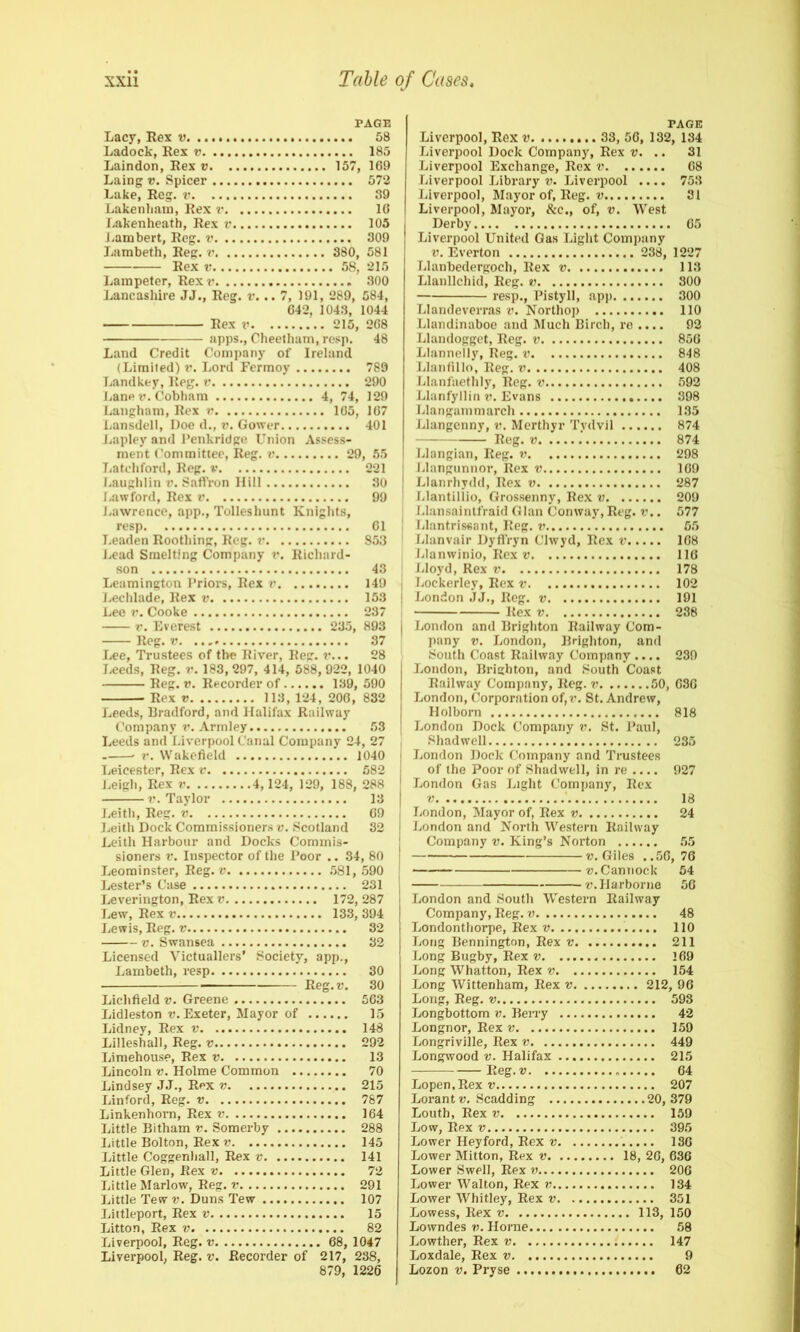 PAGE Lacy, Hex 58 Ladock, Rex v 185 Laindon, Rex v 157, 169 Laing v. Spicer 572 Lake, Reg. v 39 Lakenliain, Rex r 16 Lakenheath, Rex r 105 J.ambert, Reg. v 309 Lambeth, Reg. v 380, 581 Rex V 58, 215 Lampeter, Itexv 300 Lancashire JJ., Reg. v... 7, 191, 289, 584, 642, 1043, 1044 Rex 215, 268 apps., Cheelham, resp. 48 Land Credit Company of Ireland (Limited) v. Lord Fermoy 789 Landkey, Reg. t* 290 Lane V. Cobham 4, 74, 129 Langham, Rex v 105, 167 Lansdell, Doe d., v. Gower 401 Lapley and I’enkridge Union As.«ess- ment Committee, Reg. v 29, 55 Latchford, Reg. v 221 Laughlin v. Saffron Hill 30 I, aw ford, Rex v 99 J. awrence, app., Tolleshunt Knights, resp 61 Leaden Roothing, Reg. r 853 J.«ead Smelting Company r. Richard- son 43 Leamington Priors, Rex r 149 I. echlade, Rex v 153 Lee r. Cooke 237 r. Everest 235, 893 Reg. 37 Lee, Trustees of the River, Reg. r... 28 Leeds, Reg. v. 183,297, 414, 588,922, 1040 Reg. V. Recorder of 139, 590 Rex tJ 113, 124, 200, 832 Leeds, Bradford, and Halifax Railway Company r. Armley 53 Leeds and Liverpool Canal Company 24, 27 r. Wakefield 1040 Leicester, Rex v 582 J. eigh, Rex v 4,124, 129, 188, 288 V. Taylor 13 Leith, Reg. v 69 Leith Dock Commissioners v. Scotland 32 Leith Harbour and Docks Commis- sioners V. Inspector of the Poor .. 84, 80 Leominster, Reg. v .581, 590 Lester’s Case 231 Leverington, Rex v 172, 287 Lew, Rex 133, 394 Lewis, Reg. v 32 V. Swansea 32 Licensed Victuallers’ Society, app., Lambeth, resp 80 Reg. V. 30 Lichfield v. Greene 563 Lidleston r. Exeter, Mayor of 15 Lidney, Rex v 148 Lilleshall, Reg. 292 Limehouse, Rex 13 Lincoln v. Holme Common 70 Lindsey JJ., Rex v 215 Linford, Reg. v 787 Linkenhom, Rex v 164 Little Bitham v. Somerby 288 Little Bolton, Rex v 145 Little Coggenhall, Rex t- 141 Little Glen, Rex v 72 Little Marlow, Reg. v 291 Little Tew v. Duns Tew 107 Littleport, Rex v 15 Litton, Rex v 82 Liverpool, Reg. v 68, 1047 Liverpool, Reg. v. Recorder of 217, 238, 879, 1226 PAGE Liverpool, Rex v 33, 56, 132, 134 Liverpool Dock Company, Rex v. .. 31 Liverpool Exchange, Rex v 68 Liverpool Library V. Liverpool .... 753 Liverpool, Mayor of, Reg. V 31 Liverpool, Mayor, &c., of, v. West Derby 65 Liverpool United Gas Light Company V. Everton 238, 1227 Llanbedergoch, Rex 113 Llanllchid, Reg. v 800 resp., Pistyll, app 300 Llandeverras v. Northop 110 Llandinaboe and Much Birch, re .... 92 Llandogget, Reg. v 856 Llannelly, Reg. v 848 Llanfillo, Reg. v 408 Llanfaethly, Reg. v 592 Llanfyllin v. Evans 398 Llangainmarch 135 Llangenny, v. Merthyr Tvdvil 874 Reg. V .' 874 Llangian, Reg. r 298 IJangunnor, Rex v 169 Llanrhydd, Rex v 287 Jilantiliio, Grossenny, Rex v 209 j Llansainlfraid Gian Conway, Reg. v.. 577 Llantrissant, Reg. v 55 i Llanvair Dyfl’ryn Clwyd, Rex v 168 Llanwinio, Rex V 116 ; JJoyd, Rex v 178 Lockerley, Rex 102 London JJ., Reg. v 191 Rex V 238 London and Brighton Railway Com- pany V. London, Brighton, and South Coast Railway Company.... 289 London, Brighton, and South Coast Railway Company, Reg. v 50, 686 London, Corporation of,r. St. Andrew, Holborn 818 London Dock Company v. St. Paul, Shad well 235 London Dock Company and Trustees of the Poor of Shadwell, in re .... 927 London Gas Light Company, Rex V 18 London, Mayor of, Rex v 24 London and North Western Railway Company v. King’s Norton 55 v. Giles ...56, 76 V.Cannock 54 r.Harborne 56 London and South Western Railway Company, Reg. V 48 Londonthorpe, Rex v 110 Long Bennin^on, Rex v 211 Long Bugby, Rex v 169 Long Whatton, Rex v 154 Long Wittenham, Rex v 212, 96 Long, Reg. v 598 Longbottom Beny 42 Longnor, Rex v 159 Longriville, Rex v 449 Longwood V. Halifax 215 Reg. V 64 Lopen.Rexv 207 Lorantt). Scadding 20, 379 Louth, Rex v 159 Low, Rex V 395 Lower Heyford, Rex v 186 Lower Mitton, Rex v 18, 26, 686 Lower Swell, Rex v 206 Lower Walton, Rex 134 Lower Whitley, Rex v 351 Lowess, Rex v 113, 150 Lowndes v. Home 58 Lowther, Rex v 147 Loxdale, Rex v 9 Lozon V. Pryse 62