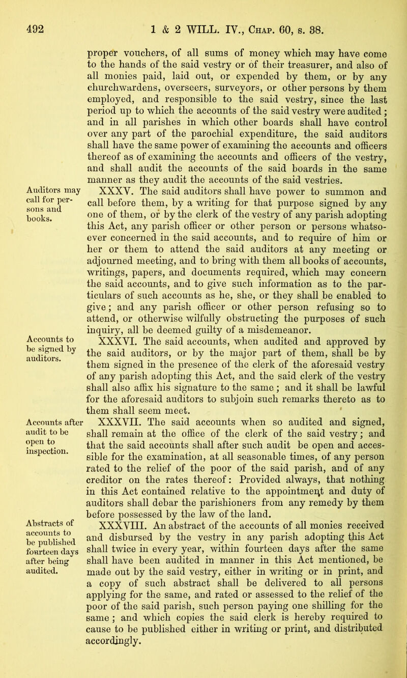 Auditors may call for per- sons and books. Accounts to be signed by auditors. Accounts after audit to be open to inspection. Abstracts of accounts to be published fourteen days after being audited. proper vouchers, of all sums of money which may have come to the hands of the said vestry or of their treasurer, and also of all monies paid, laid out, or expended by them, or by any churchwardens, overseers, surveyors, or other persons by them employed, and responsible to the said vestry, since the last period up to which the accounts of the said vestry were audited; and in all parishes in which other boards shall have control over any part of the parochial expenditure, the said auditors shall have the same power of examining the accounts and officers thereof as of examining the accounts and officers of the vestry, and shall audit the accounts of the said boards in the same manner as they audit the accounts of the said vestries. XXXV. The said auditors shall have power to summon and call before them, by a writing for that purpose signed by any one of them, of by the clerk of the vestry of any parish adopting this Act, any parish officer or other person or persons whatso- ever concerned in the said accounts, and to require of him or her or them to attend the said auditors at any meeting or adjourned meeting, and to bring with them all books of accounts, writings, papers, and documents required, which may concern the said accounts, and to give such information as to the par- ticulars of such accounts as he, she, or they shall be enabled to give; and any parish officer or other person refusing so to attend, or otherwise wilfully obstructing the purposes of such inquiry, all be deemed guilty of a misdemeanor. XXXVI. The said accounts, when audited and approved by the said auditors, or by the major part of them, shall be by them signed in the presence of the clerk of the aforesaid vestry of any parish adopting this Act, and the said clerk of the vestry shall also affix his signature to the same ; and it shall be lawful for the aforesaid auditors to subjoin such remarks thereto as to them shall seem meet. XXXVII. The said accounts when so audited and signed, shall remain at the office of the clerk of the said vestry; and that the said accounts shall after such audit be open and acces- sible for the examination, at all seasonable times, of any person rated to the relief of the poor of the said parish, and of any creditor on the rates thereof; Provided always, that nothing in this Act contained relative to the appointmer^t and duty of auditors shall debar the parishioners from any remedy by them before possessed by the law of the land. XXXVIII. An abstract of the accounts of all monies received and disbursed by the vestry in any parish adopting this Act shall twice in every year, within fourteen days after the same shall have been audited in manner in this Act mentioned, be made out by the said vestry, either in writing or in print, and a copy of such abstract shall be delivered to all persons applying for the same, and rated or assessed to the relief of the poor of the said parish, such person paying one shilling for the same ; and which copies the said clerk is hereby required to cause to be published either in writing or print, and distributed accordingly.