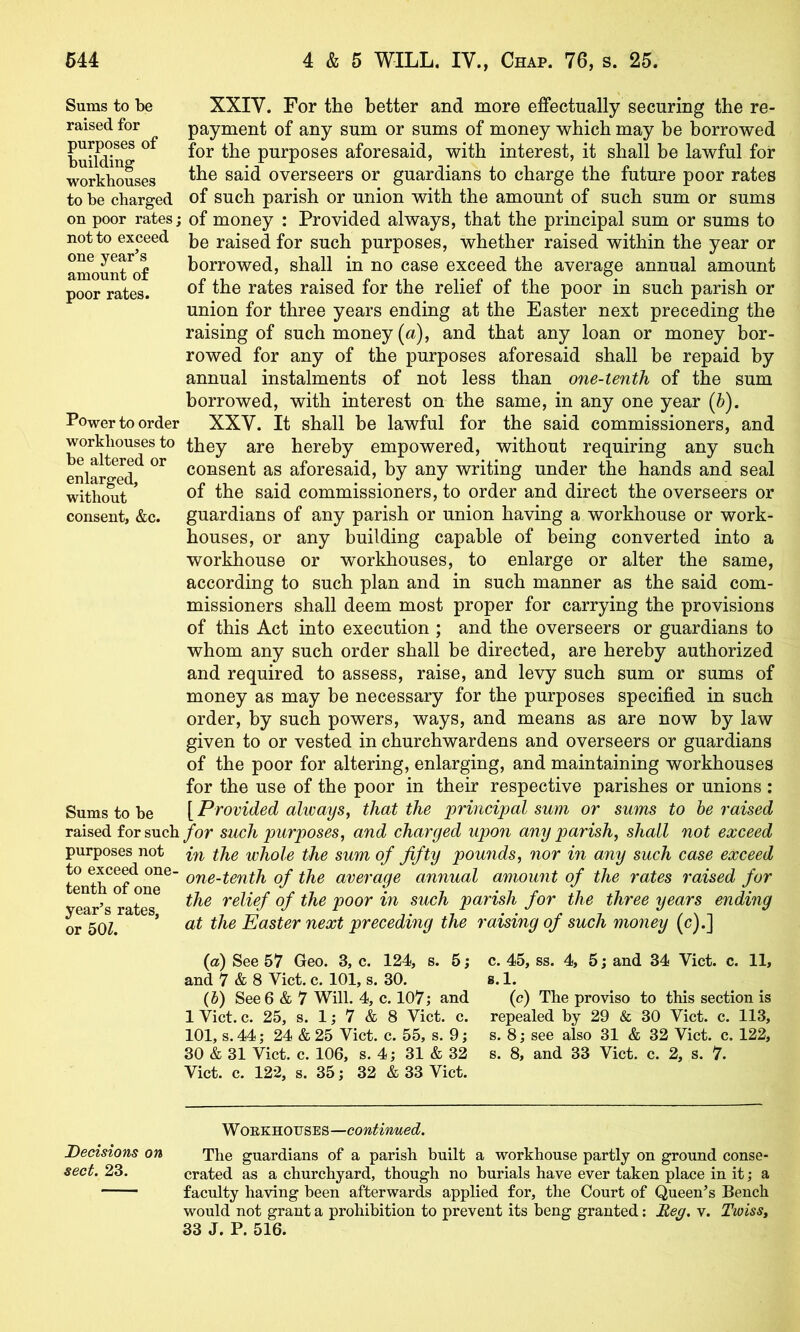 Sums to be raised for purposes of building workhouses to be charged on poor rates not to exceed one year’s amount of poor rates. XXIV. For the better and more effectually securing the re- payment of any sum or sums of money which may be borrowed for the purposes aforesaid, with interest, it shall be lawful for the said overseers or guardians to charge the future poor rates of such parish or union with the amount of such sum or sums of money : Provided always, that the principal sum or sums to be raised for such purposes, whether raised within the year or borrowed, shall in no case exceed the average annual amount of the rates raised for the relief of the poor in such parish or union for three years ending at the Easter next preceding the raising of such money (a), and that any loan or money bor- rowed for any of the purposes aforesaid shall be repaid by annual instalments of not less than one-tenth of the sum borrowed, with interest on the same, in any one year {h). Power to order XXV. It shall be lawful for the said commissioners, and workhouses to they are hereby empowered, without requiring any such consent as aforesaid, by any writing under the hands and seal of the said commissioners, to order and direct the overseers or guardians of any parish or union having a workhouse or work- houses, or any building capable of being converted into a workhouse or workhouses, to enlarge or alter the same, according to such plan and in such manner as the said com- missioners shall deem most proper for carrying the provisions of this Act into execution ; and the overseers or guardians to whom any such order shall be directed, are hereby authorized and required to assess, raise, and levy such sum or sums of money as may be necessary for the purposes specified in such order, by such powers, ways, and means as are now by law given to or vested in churchwardens and overseers or guardians of the poor for altering, enlarging, and maintaining workhouses for the use of the poor in their respective parishes or unions : [ Provided always^ that the principal sum or sums to be raised raised for such/or such purposes, and charged upon any parish, shall not exceed purposes not the whole the sum of fifty pounds, nor in any such case exceed tentb^of^ne^' average annual amount of the rates raised for year’s ratTs^ of the poor in such parish for the three years ending or 50Z. ’ Easter next preceding the raising of such money (c).] be altered or enlarged, without consent, &c. Sums to be {a) See 57 Geo. 3, c. 124, s. 5; c. 45, ss. 4, 5; and 34 Viet. c. 11, and 7 & 8 Viet. c. 101, s. 30. s. 1. (J) See 6 & 7 Will. 4, c. 107; and (c) The proviso to this section is 1 Viet. c. 25, s. 1; 7 & 8 Viet. c. repealed by 29 & 30 Viet. c. 113, 101, s. 44; 24 & 25 Viet. c. 55, s. 9; s. 8; see also 31 & 32 Viet. c. 122, 30 & 31 Viet. c. 106, s. 4; 31 & 32 s. 8, and 33 Viet. c. 2, s. 7. Viet. c. 122, s. 35; 32 & 33 Viet. Decisions on sect. 23. WoEKHOUSES—continmed. The guardians of a parish built a workhouse partly on ground conse- crated as a churchyard, though no burials have ever taken place in it; a faculty having been afterwards applied for, the Court of Queen’s Bench would not grant a prohibition to prevent its beng granted: Reg. v. Twiss, 33 J. P. 516.