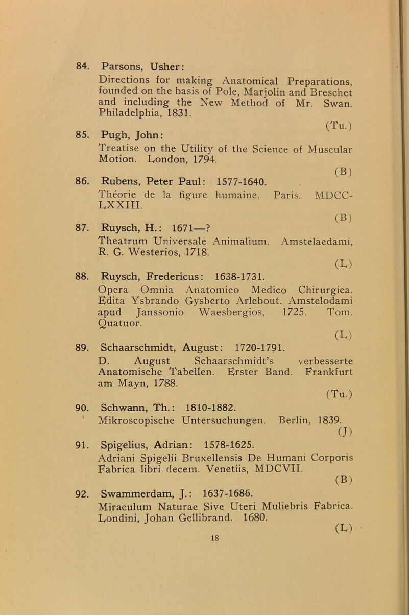 84. Parsons, Usher: Directions for making Anatomical Preparations, founded on the basis of Pole, Marjolin and Breschet and including the New Method of Mr. Swan. Philadelphia, 1831. (Tu.) 85. Pugh, John: Treatise on the Utility of the Science of Muscular Motion. London, 1794. (B) 86. Rubens, Peter Paul: 1577-1640. Theorie de la figure humaine. Paris. MDCC- LXXIII. (B) 87. Ruysch, H.: 1671—? Theatrum Universale Animalium. Amstelaedami, R. G. Westerios, 1718. (L) 88. Ruysch, Fredericus: 1638-1731. Opera Omnia Anatomico Medico Chirurgica. Edita Ysbrando Gysberto Arlebout. Amstelodami apud Janssonio Waesbergios, 1725. Tom. Quatuor. (E) 89. Schaarschmidt, August: 1720-1791. D. August Schaarschmidt’s verbesserte Anatomische Tabellen. Erster Band. Frankfurt am Mayn, 1788. (Tu.) 90. Schwann, Th.: 1810-1882. Mikroscopische Untersuchungen. Berlin, 1839. (J) 91. Spigelius, Adrian: 1578-1625. Adriani Spigelii Bruxellensis De Humani Corporis Fabrica libri decern. Venetiis, MDCVII. (B) 92. Swammerdam, J.: 1637-1686. Miraculum Naturae Sive Uteri Muliebris Fabrica. Londini, Johan Gellibrand. 1680. (L)