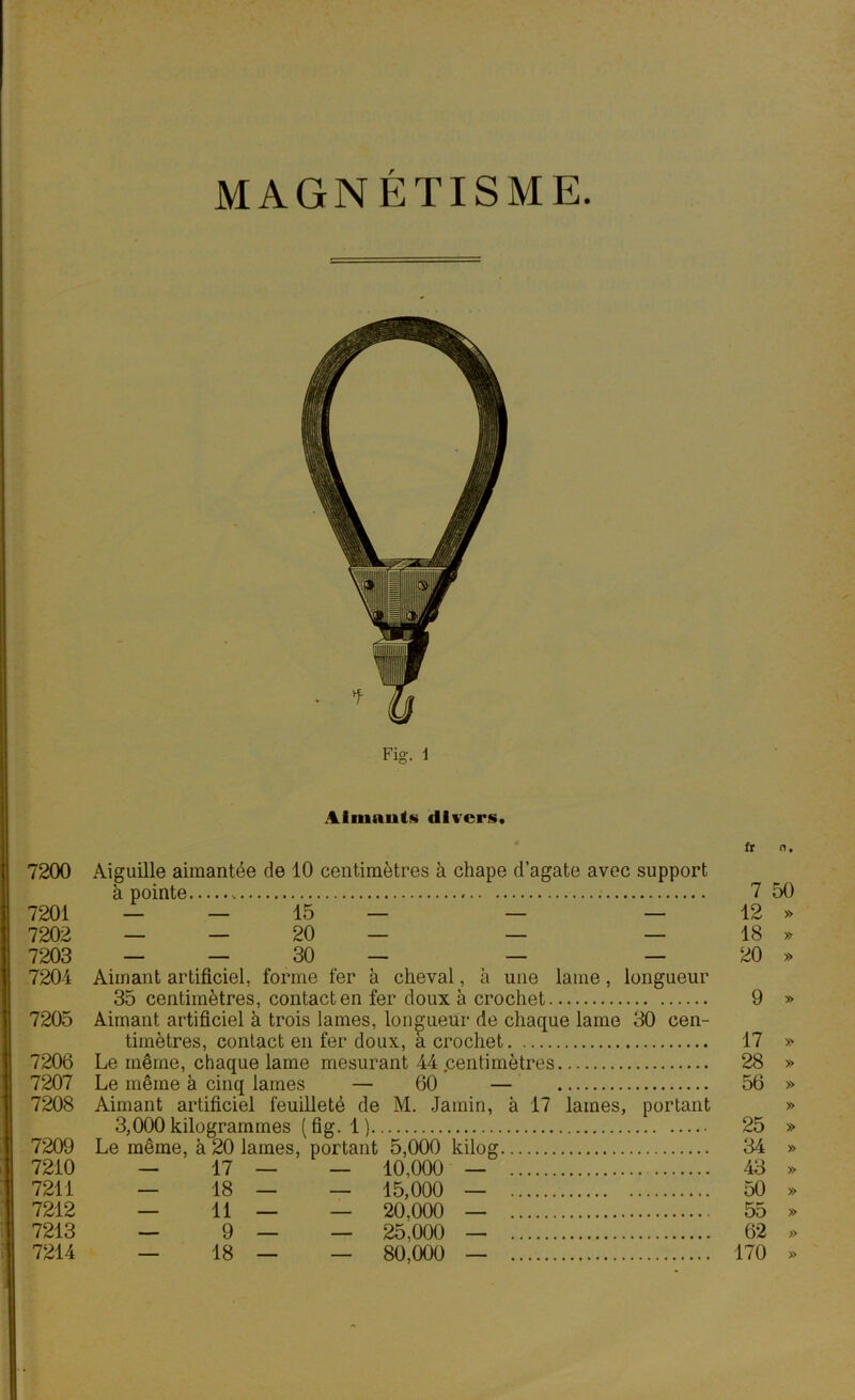 MAGNÉTISME. Fig. 1 limants divers. 7200 Aiguille aimantée de 10 centimètres à chape d’agate avec support à pointe 7201 — — 15 — — — 7202 — — 20 — — — 7203 — — 30 — — — 7201 Aimant artificiel, forme fer à cheval, à une lame, longueur 35 centimètres, contact en fer doux à crochet 7205 Aimant artificiel à trois lames, longueur de chaque lame 30 cen- timètres, contact en fer doux, à crochet 7206 Le même, chaque lame mesurant 44 .centimètres 7207 Le même à cinq lames — 60 — 7208 Aimant artificiel feuilleté de M. Jamin, à 17 lames, portant 3,000 kilogrammes (fig. 1) 7209 Le même, à 20 lames, portant 5,000 kilog 7210 — 17 — — 10,000 — 7211 — 18 — — 15,000 — 7212 — 11 — — 20.000 — 7213 — 9 — — 25,000 — 7214 — 18 — — 80,000 — fr n. 7 50 12 » 18 » 20 » 9 » 17 » 28 » 56 » » 25 » 34 » 43 » 50 » 55 » 62 » 170 »