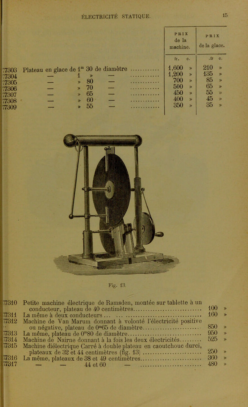 17303 Plateau en glace de lm 30 de diamètre :7304 — 1 » — '7305 — » 80 — ;7306 — » 70 — 17307 — » 65 — 17308 < » 60 — 17309 — » 55 — PRIX de la machine. PRIX de la glace. fr. c. .fr C. 1,600 » 210 » 1,200 » 135 » 700 » 85 » 500 » 65 » 450 » 55 » 400 » 45 » 350 » 35 » Fig. 13. 77310 Petite machine électrique deRamsden, montée sur tablette h un conducteur, plateau de 40 centimètres 100 » 77311 La même à deux conducteurs 160 » 77312 Machine de Van Marum donnant à volonté l’électricité positive ou négative, plateau de 0m65 de diamètre 850 » 77313 La même, plateau de 0m80 de diamètre 950 » 17314 Machine de Nairne donnant à la fois les deux électricités 525 » 77315 Machine diélectrique Carré à double plateau en caoutchouc durci, plateaux de 32 et 44 centimètres (ng. 13) 250 » 77316 La même, plateaux de 38 et 49 centimètres 360 » 77317 — — 44 et 60 — 480 »