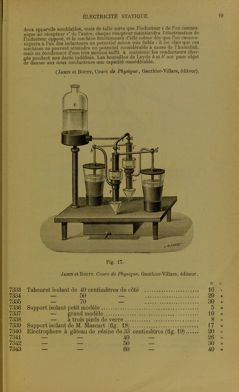 deux appareils semblables, mais de telle sorte que l’inducteur i de l’un commu- nique au récepteur r de l’autre, chaque récepteur maintiendra l’électrisation de l'inducteur opposé, et la machine fonctionnera d’elle-même dès que Ton commu- niquera à l’un des inducteurs un potentiel même très faible : il est clair que ces machines ne peuvent atteindre un potentiel considérable à cause de l’humidité, mais un écoulement d’eau très minime suffit à maintenir les conducteurs char- gés pendant une durée indéfinie. Les bouteilles de Leyde b et b' ont pour objet de donner aux deux conducteurs une capacité considérable. ( Jamin et Bouty, Cours de Physique , Gauthier-Villars, éditeur). Fig. 17. Jamin et Bouty. Cours de Physique. Gauthier-Villars, éditeur. fr c. 7333 Tabouret isolant de 40 centimètres de côté 16 x 7334 — 50 — 20 » 7335 — 70 — 30 » 7336 Support isolant petit modèle 5 » 7337 — grand modèle 10 » 7338 — à trois pieds de verre 8 » 7339 Support isolant de M. Mascart (fig. 18) 17 » 7340 Electrophore à gâteau de résine de 33 centimètres (fig. 19) 20 » 7341 — — 40 — 26 » 7342 — — 50 — 30 » 7343 — — 60 — 40 »