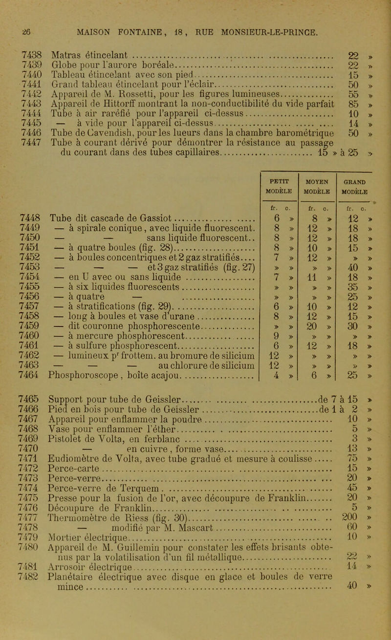 7438 Matras étincelant 22 » 7439 Globe pour l’aurore boréale .' 22 >■> 7440 Tableau étincelant avec son pied 15 » 7441 Grand tableau étincelant pour l’éclair 50 » 7442 Appareil de M. Rossetti, pour les figures lumineuses 55 » 7443 Appareil de Hittorff montrant la non-conductibilité du vide parfait 85 » 7444 Tube à air raréfié pour l’appareil ci-dessus 10 » 7445 — à vide pour l’appareil ci-dessus 14 » 7446 Tube de Cavendish, pour les lueurs dans la chambre barométrique 50 » 7447 Tube à courant dérivé pour démontrer la résistance au passage du courant dans des tubes capillaires 15 » à 25 » PETIT MOYEN GRAND MODÈLE MODÈLE MODÈLE fr. O. fr. O. fr. c • 7448 Tube dit cascade de Gassiot 6 » 8 » 12 » 7449 — à spirale conique, avec liquide fluorescent. 8 » 12 » 18 » 7450 — — sans liquide fluorescent.. 8 » 12 » 18 » 7451 — à quatre boules (fig. 28) 8 » 10 » 15 » 7452 — à boules concentriques et 2 gaz stratifiés 7 » 12 » » » 7453 — — — et 3 gaz stratifiés (fig. 27) » » » » 40 » 7454 — en U avec ou sans liquide 7 » 11 » 18 » 7455 — à six liquides fluorescents » » » » 35 » 7456 — à quatre — » » » » 25 7457 — à stratifications (fig. 29) 6 » 10 » 12 » 7458 — long à boules et vase d urane 8 » 12 » 15 » 7459 — dit couronne phosphorescente » » 20 » 30 » 7460 — à mercure phosphorescent 9 » » » » » 7461 — à sulfure phosphorescent 6 » 12 » 18 » 7462 — lumineux pr frottem. au bromure de silicium 12 » » » » » 7463 — — — au chlorure de silicium 12 » » » » » 7464 Phosphoroscope . boîte acajou 4 » 6 » 25 » 7465 Support pour tube de Geissler de 7 à 15 *> 7466 Pieu en bois pour tube de Geissler de 1 à 2 » 7467 Appareil pour enflammer la poudre 10 » 7468 Vase pour enflammer l’éther 5 » 7469 Pistolet de Volta, en ferblanc 3 » 7470 — en cuivre , forme vase 13 » 7471 Eudiomètre de Yolta, avec tube gradué et mesure à coulisse 75 » 7472 Perce-carte 15 » 7473 Perce-verre 20 » 7474 Perce-verre de Terquem 45 » 7475 Presse pour la fusion de l’or, avec découpure de Franklin 20 » 7476 Découpure de Franklin 5 » 7477 Thermomètre de Riess (fig. 30) .. 200 » 7478 — modifié par M. Mascart 60 » 7479 Mortier électrique 10 » 7480 Appareil de M. Guillemin pour constater les effets brisants obte- nus par la volatilisation d’un fil métallique 22 » 7481 Arrosoir électrique 14 » 7482 Planétaire électrique avec disque en glace et boules de verre mince 40 »