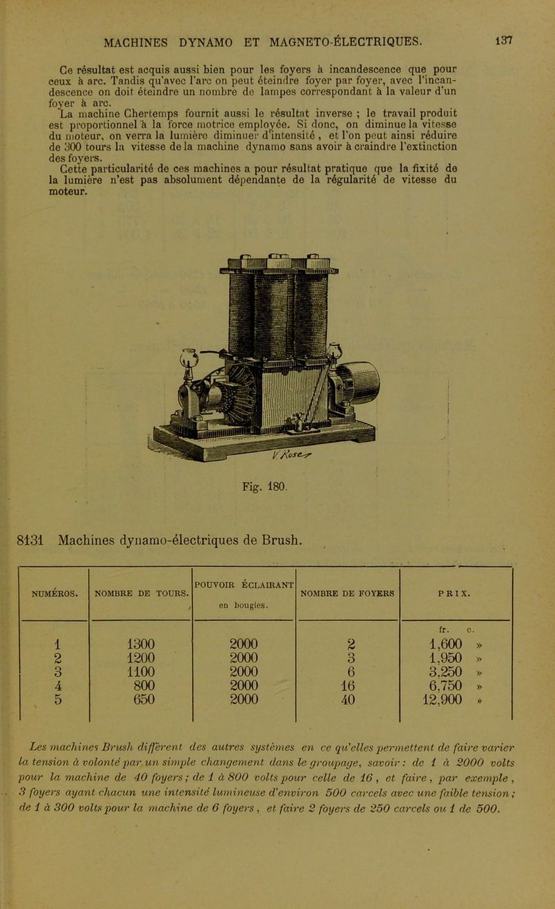 Ce résultat est acquis aussi bien pour les foyers à incandescence que pour ceux à arc. Tandis qu'avec l'arc on peut éteindre foyer par foyer, avec l’incan- descence on doit éteindre un nombre de lampes correspondant à la valeur d’un foyer à arc. La machine Chertemps fournit aussi le résultat inverse ; le travail produit est proportionnel à la force motrice employée. Si donc, on diminue la vitesse du moteur, on verra la lumière diminuer d'intensité , et l’on peut ainsi réduire de 300 tours la vitesse de la machine dynamo sans avoir à craindre l’extinction des foyers. Cette particularité de ces machines a pour résultat pratique que la fixité de la lumière n’est pas absolument dépendante de la régularité de vitesse du moteur. Fig. 180. 8131 Machines dynamo-électriques de Brush. NUMÉROS. NOMBRE DE TOURS. POUVOIR ÉCLAIRANT en bougies. NOMBRE DE FOYERS PRIX. 1 1300 2000 2 fr. c. 1,600 » 2 1200 2000 3 1.950 » 3 1100 2000 6 3.250 » 4 800 2000 16 6.750 » 5 650 2000 40 12,900 » Les machines Brusli diffèrent des autres systèmes en ce qu’elles permettent de faire varier la tension à volonté par un simple changement dans le groupage, savoir : de i à 2000 volts pour la machine de 40 foyers ; de 1 à 800 volts pour celle de 16, et faire, par exemple, 3 foyers ayant chacun une intensité lumineuse d’environ 500 carcels avec une faible tension ; de 1 à 300 volts pour la machine de 6 foyers , et faire 2 foyers de 250 carcels ou 1 de 500.