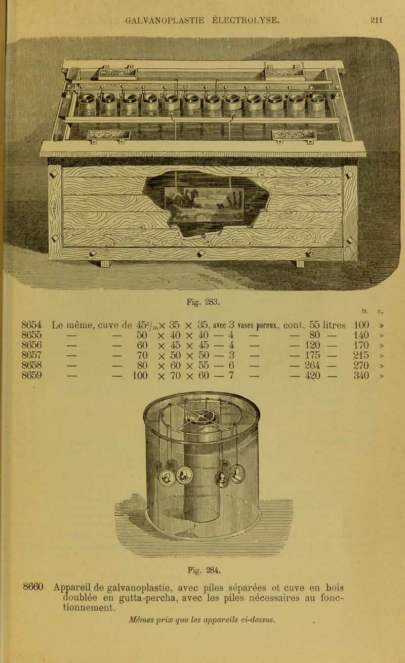 Fig. 283. fr. c. 8654 Le même, cuve de 45°/, nX 35 x 35, avec 3 vases poreux. cont. 55 litres 100 » 8655 — — 50 X 40 X 40 — 4 — — 80 — 140 » 8656 — — 60 X 45 x 45 — 4 — — 120 — 170 » 8657 — — 70 X 50 X 50 — 3 — — 175 — 215 » 8658 — — 80 X 60 x 55 — 6 — 264 — 270 » 8659 — — 100 X 70 x 60 — 7 — — 420 — 340 » Fig. 284. 8660 Appareil de galvanoplastie, avec piles séparées et cuve en bois doublée en gutta-percha, avec les piles nécessaires au fonc- tionnement. Mêmes prix que les appareils ci-dessus