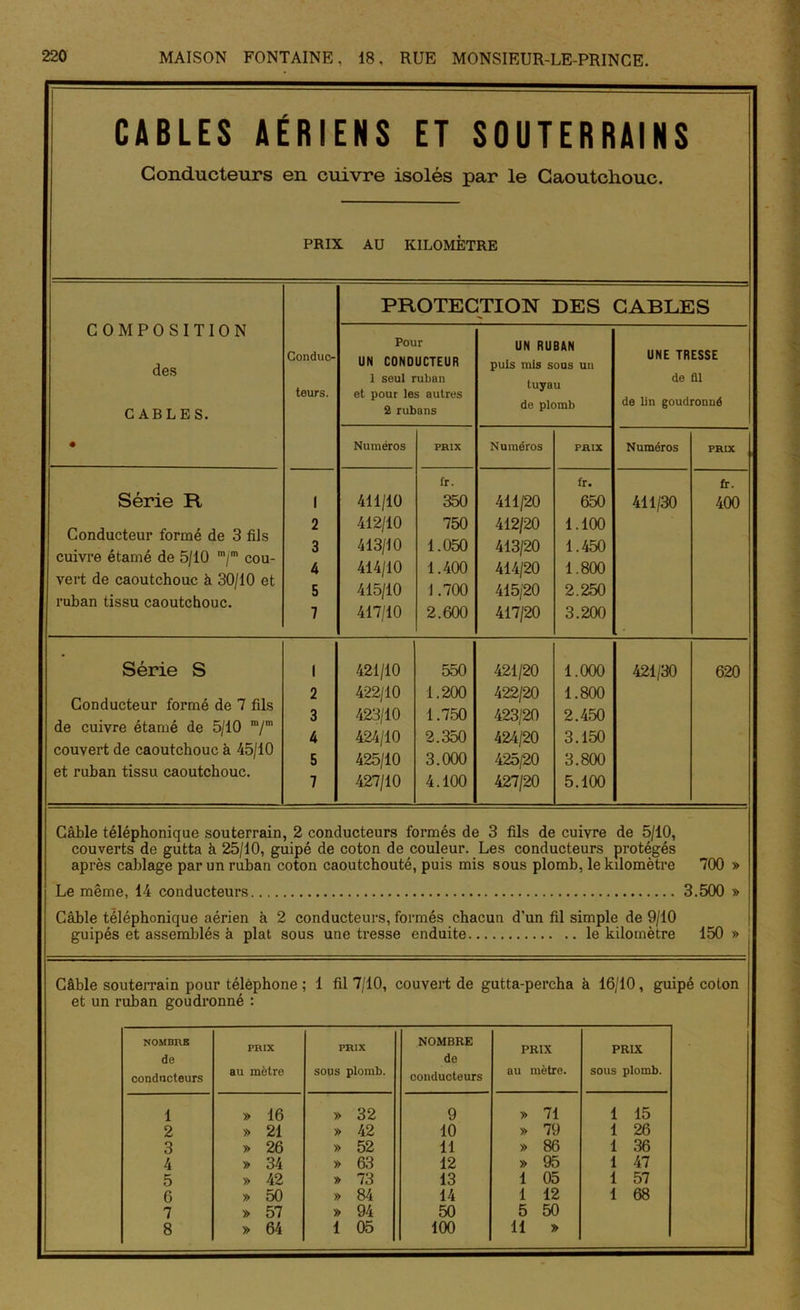 CABLES AÉRIENS ET SOUTERRAINS Conducteurs en cuivre isolés par le Caoutchouc. PRIX AU KILOMETRE COMPOSITION des CABLES. Série R Conducteur formé de 3 fils cuivre étamé de 5/10 m/m cou- vert de caoutchouc à 30/10 et ruban tissu caoutchouc. Conduc- teurs. PROTECTION DES ( Pour UN CONDUCTEUR 1 seul ruban et pour les autres 2 rubans UN RUBAN puis mis sous un tuyau de plomb Numéros PRIX Numéros PRIX fr. fr. 1 411/10 350 411/20 650 2 412/10 750 412/20 1.100 3 413/10 1.050 413/20 1.450 4 414/10 1.400 414/20 1.800 5 415/10 1.700 415/20 2.250 7 417/10 2.600 417/20 3.200 UNE TRESSE de fil de lin goudronné Numéros 411/30 fr. 400 Série S Conducteur formé de 7 fils de cuivre étamé de 5/10 n,/m couvert de caoutchouc h 45/10 et ruban tissu caoutchouc. 1 421/10 550 421/20 1.000 2 422/10 1.200 422/20 1.800 3 423/10 1.750 423/20 2.450 4 424/10 2.350 424/20 3.150 5 425/10 3.000 425/20 3.800 7 427/10 4.100 427/20 5.100 421/30 620 Câble téléphonique souterrain, 2 conducteurs formés de 3 fils de cuivre de 5/10, couverts de gutta à 25/10, guipé de coton de couleur. Les conducteurs protégés après cablage par un ruban coton caoutchouté, puis mis sous plomb, le kilomètre 700 » Le même, 14 conducteurs 3.500 » Câble téléphonique aérien à 2 conducteurs, formés chacun d'un fil simple de 9/10 guipés et assemblés k plat sous une tresse enduite le kilomètre 150 » Câble souterrain pour téléphone ; 1 fil 7/10, couvert de gutta-percha à 16/10, guipé coton et un ruban goudronné : NOMBRE de conducteurs î 2 3 4 5 6 7 8 PRIX au mètre PRIX sous plomb. NOMBRE de conducteurs PRIX au mètre. PRIX sous plomb. » 16 » 32 9 » 71 1 15 » 21 » 42 10 » 79 1 26 » 26 » 52 11 » 86 1 36 » 34 » 63 12 » 95 1 47 » 42 » 73 13 1 05 1 57 » 50 » 84 14 1 12 1 68 » 57 » 94 50 5 50 » 64 î 05 100 11 »