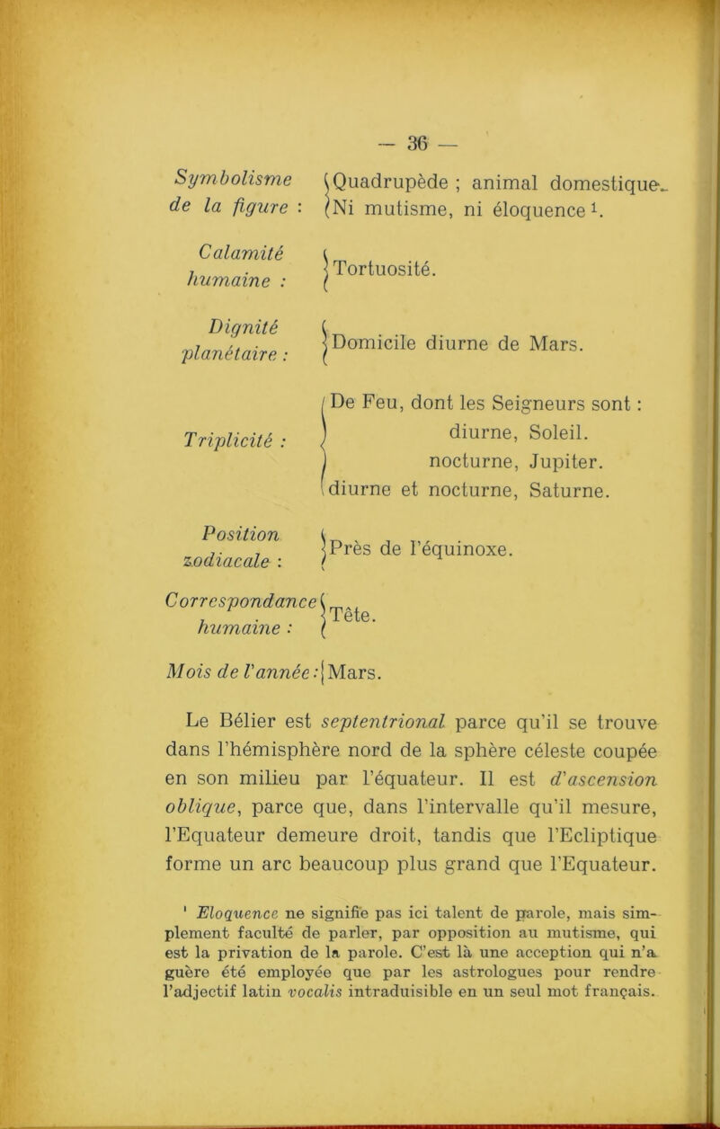 Sym holism e de la figure Calamite humaine : Dignity planetaire: Triplicite : Position zodiacale : (Quadrup&de ; animal domestique. |Ni mutisme, ni eloquence1. Tortuosite. Domicile diurne de Mars. De Feu, dont les Seigneurs sont diurne, Soleil. nocturne, Jupiter. I diurne et nocturne, Saturne. jPres de l’equinoxe. Correspondence ( humaine Tete. Mois de Vannee:! Mars Le Belier est septentrional parce qu’il se trouve dans l’hemisph^re nord de la sphere celeste coupee en son milieu par l’equateur. II est d'ascension oblique, parce que, dans l’intervalle qu’il mesure, l’Equateur demeure droit, tandis que l’Ecliptique forme un arc beaucoup plus grand que l’Equateur. 1 Eloquence ne signifi'e pas ici talent de parole, mais sim- plement faculte de parler, par opposition au mutisme, qui est la privation de la parole. C’est la une acception qui n’a guere ete employee que par les astrologues pour rendre l’adjectif latin vocalis intraduisible en un seul mot frangais.