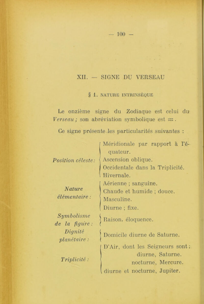 XII. — SIGNE DU VERSEAU § 1. NATURE INTRINSEQUE Le onzieme signe du Zodiaque est celui du Verseau; son abreviation symbolique est ^. Ge signe presente les particularity suivantes : Position celeste: Meridionale par rapport & I’6- quateur. Ascension oblique. Occidentale dans la Triplicite. Hivernale. Nature elementaire: Aerienne ; sanguine. | Chaude et humide ; douce, j Masculine. Diurne ; fixe. Symbolisme de la figure: Dignite planetaire : J Raison, eloquence. | Domicile diurne de Saturne. [ D’Air, dont les Seigneurs sont Triplicite : j diurne, Saturne. 1 nocturne, Mercure. 1 diurne et nocturne, Jupiter.