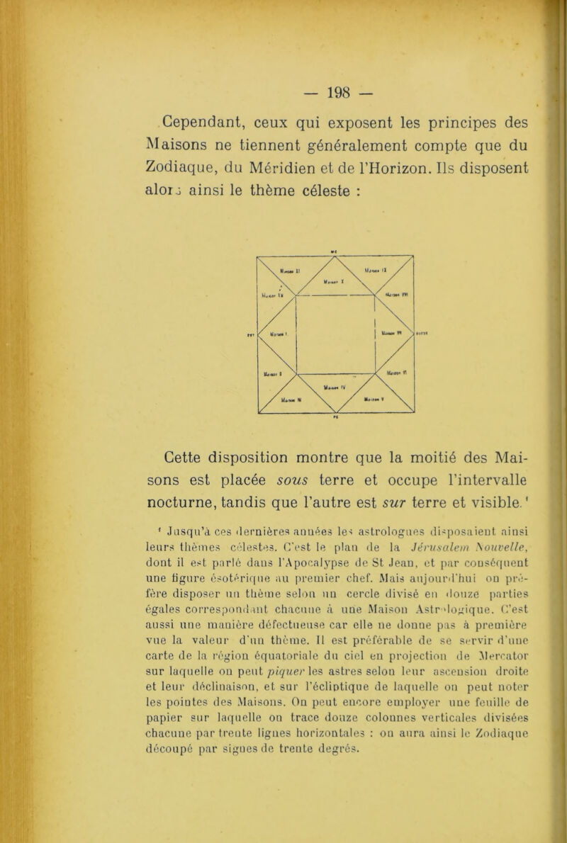 Gependant, ceux qui exposent les principes des Maisons ne tiennent g6neralement compte que du Zodiaque, du Meridien et de l’Horizon. Ils disposent alorj ainsi le th^me celeste : Cette disposition montre que la moiti6 des Mai- sons est placee sous terre et occupe l’intervalle nocturne, tandis que l’autre est sur terre et visible.' ' Jusqu’aces derniferes aun^es les astrologues di-posaieut ainsi leurs th&mes celestes. C’est le plan de la Jerusalem Souvelle, dont il est pnrle dans l’Apocalypse de St Jean, et par consequent une figure esoterique au premier chef. Mais aujourd'hui on pre- fere disposer un theme selon uu cercle divise en douze parties egales correspondent chacune a une Maison Astr dogique. C’est aussi une maniere ddfectueuse car elle ne donne pas a premiere vue la valeur d’un theme. II est preferable de se servir d’une carte de la region 6quatoriale du ciel en projection de Mercator sur laquelle on pent pineries astres selon leur ascension droite et leur dftclinaison, et sur l’^clintique de laquelle on peut noter les pointes des Maisons. On peut encore employer une feuille de papier sur laquelle on trace douze colounes verticales divis6es chacune par treute ligues horizontales : on aura ainsi le Zodiaque d6coup6 par sigues de trente degres.