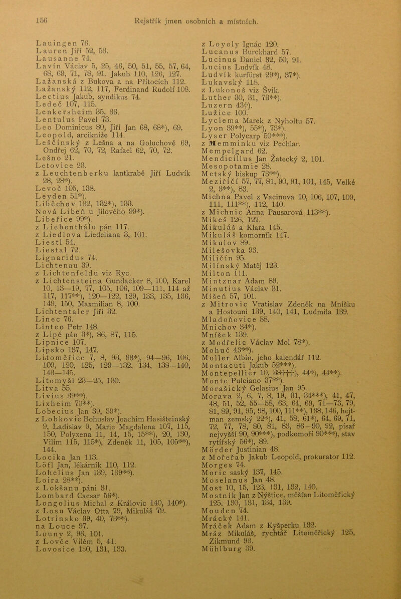 Lauingen 70. Lauren Jiří 52, 5B. Lausanne 74. Lavin Václav 5, 25, 40, 50, 51, 55, 57, 04, 08, 09, 71, 78, 91, Jakub 110, 120, 127. Lažanská z Buková a na Přítocích 112. Lažanský 112, 117, Ferdinand Rudolf 108. Lectius Jakub, syndikus 74. Ledeč 107, 115. Lenkersheim 35, 30. L e n t u 1 u s Pavel 73. Leo Dominicus 80, Jiří Jan 08, 68*), 69, Leopold, arcikníže 114. Leščínský z Lešna a na Goluchově 69, Ondřej 62, 70, 72, Rafael 62, 70, 72. Lešno 21. Letovice 23. z Leuchtenberku lantkrabě Jiří Ludvík 28, 28*). Levoč 105, 138. Ley den 51*). Lib čeho v 132, 132*), 133. Nová Libeň u Jílového 99*). Lib eřice 99*). z Liebenthálu pán 117. z Liedlova Liedeliana 3, 101. L i e s 11 54. Liestal 72. Lignaridus 74. Lichtenau 39. z Lichtenfeldu viz Ryc. z Lichtensteina Gundacker 8, 100, Karel 10, 13—19, 77, 105, 106, 109-111, 114 až 117, 117**), 120-122, 129, 133, 135, 136, 149, 150, Maxmilián 8, 100. Lichtentaler Jiří 32. Linec 76. Linteo Petr 148. z Lipé pán 3*), 86, 87, 115. Lipnice 107. Lipsko 137, 147. L i.t o m ě ř i c e 7, 8, 93, 93*), 94—96, 100, 109, 120, 125, 129—132, 134, 138—140, 143—145. Litomyšl 23-25, 130. Litva 55. Livius 39**). Lixheim 73**). Lobecius Jan 39, 39*). z Lobkovic Bohuslav Joachim Hasišteinský 9, Ladislav 9, Marie Magdalena 107, 115, 150, Polyxena 11, 14, 15, 15**), 20, 130, Vilím 115, 115*), Zdeněk 11, 105, 105**), 144. Locika Jan 113. Lofl Jan, lékárník 110, 112. Lohelius Jan 139, 139**). Loira 28**). z Lokšanu páni 31. Lombard Caesar 56*). Longolius Michal z Královic 140, 140*). z Losu Václav Otta 79, Mikuláš 79. Lotrinsko 39, 40, 73**). na Louce 97. Louny 2, 96, 101. z Lovče Vilém 5, 41. Lovosice lbO, 131, 133. z Loyoly Ignác 120. L u c an u s Burckhard 57. Lucinus Daniel 32, 50, 91. L u c i u s Ludvík 48. Ludvík kurflirst 29*), 37*). Lukavský 118. z Lukonoš viz Švik. Luther 30, 31, 73**). Luzern 43f). Lužice 100. Lyclema Marek z Nyholtu 57. Lyon 39**), 55*), 73*). L y s e r Polycarp 60***). z Memminku viz Pechlar. Mempelgard 62. Mendicillus Jan Žatecký 2, 101. Mesopotamie 28. Metský biskup 73**). Meziříčí 57, 77, 81, 90, 91, 101, 145, Velké 2, 3**), 83. Michna Pavel z Vacinova 10, 106, 107, 109, 111, 111**), 112, 140. z Michnic Anna Pausarová 113**). Mikeš 126, 127. Mikuláš a Klara 145. Mikuláš komorník 147. Mikulov 89. Milešovka 93. Milič ín 95. Milínský Matěj 123. Milton 111. Mintznar Adam 89. Minutius Václav 31. Míšeň 57,101. z Mitrovic Vratislav Zdeněk na Mníšku a Hostouni 139, 140, 141, Ludmila 139. Mladoňovice 88. Mnichov 34*). Mníšek 139. z Modřelic Václav Mol 78*). Mohuč 43**). Moller Albín, jeho kalendář 112. Montacuti Jakub 52***). Montepellier 10, 38ff-j-), 44*), 44**). Monte Pulciano 37**). Morašický Gelasius Jan 95. Morava 2, 6, 7, 8, 19, 31, 34***), 41, 47, 48, 51, 52, 55—58, 63, 64, 69, 71-73, 79, 81, 89, 91, 96, 98,100,111**), 138,146, hejt- man zemský 22*), 41, 58, 61*), 64, 69, 71, 72, 77, 78, 80, 81, 83, 86-90, 92, písař nejvyšší 90, 90***), podkomoří 90***), stav rytířský 56*), 89. Morder Justinian 48. z Mořeřab Jakub Leopold, prokurátor 112. Morges 74. Moric saský 137, 145. Moselanus Jan 48. Most 10, 15, 123, 131, 132, 140. Mostník Jan z Nýštice, měšťan Litoměřický 125, 130, 131, 134, 139. Mou de n 74. Mrácký 141. Mráček Adam z Kyšperku 132. Mráz Mikuláš, rychtář Litoměřický 125, Zikmund 93. Muhlburg 39.