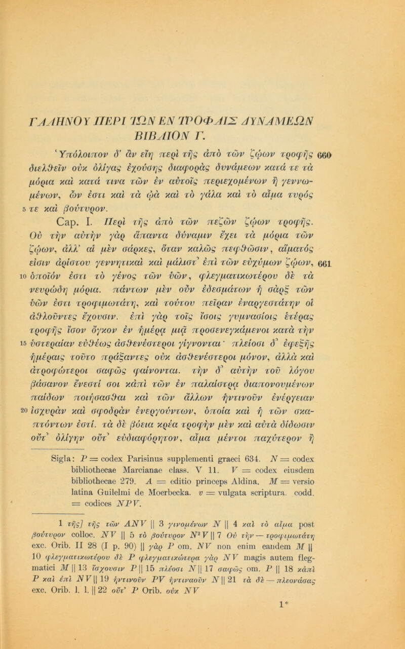 Γ^ ίΗΝΟΥ ΠΕΡΙ ΊΩΝ ΕΝ ΊΡΟΦΜΣ /ίΥΝΑΜΕΩΝ ΒΕΒΑΙΟΝ Γ. * Υπόλοιπον (V άν εϊη περί της από των ζθ)θ)ν τροφής ββο όιελίΐεΐν ονκ όλίγας έχοναης όιαψοράς δυνάμεων κατά τε τα μόρια και κατά τινα των έν αύτοΐς περιεχομένων ή γεννω- μένων^ ών έστι και τα ώά και το γάλα και το αίμα τυρός δ τε καΐ βούτυρον. ^αρ. I. Περί τής άπό των πεζών ζώων τροφής. Ού την αυτήν γάρ άπαντα δύναμιν έχει τα μόρια το)ν ζώων., άλλ’ αί μεν αάρκες., δταν καλώς πεφίΐώαιν, αίματός εισιν άρίστου γεννητικαί καΐ μάλιστ έπι τών εύχύμων ζφων., οβι 10 δποίόν έστι το γένος τών ϋών., φλεγματικωτέρου όέ τά νευρώδη μόρια, πάντων μεν οϋν εδεσμάτων ή σαρξ τών ϋών έστι τροφιμωτάτη., και τούτου πείραν έναργεστάτην οΐ άίλλοϋντες εχουσιν. έπι γάρ τοΐς ισοις γυμνασίοις έτέρας τροφής ίσον όγκον έν ήμέρα μια προσενεγκάμενοι κατά την 15 ϋστεραίαν ενϋέως άσΙλενέστεροι γίγνονται' πλείοσι δ^ έφεξής ήμέραις τούτο πράξαντες ούκ άσΙλενέστεροι μόνον., άλλά και άτροφώτεροι σαφώς φαίνονται, την ()’ αύτήν τού λόγου βάσανον έ'νεστί σοι κάπι το)ν έν παλαίστρα διαπονουμένων παίδων ποιήσασίλαι και τών άλλων ήντινοϋν ένέργειαν 20 ισχυράν καΐ σφοδράν ένεργούντων., όποια καΐ ή τών σκα- πτόντων έστι. τά δε βόεια κρέα τροφήν μεν καί αυτά δίδωσιν οϋΥ όλίγην οϋτ εύδιαφόρητον., αίμα μέντοι παχύτερον ή δΐ^ΐα: Ρ = οοάβχ Ρίΐηδΐηυβ βυρρίθηιβηίί ^ταβοΐ 634. ΪΥ = οοάβχ 1)ΐΙ)ΙίοΙ]ΐθθΕβ Μ&ΓοΐαηΕβ ο1ε88. V 11. V = οοάβχ βΐυδάΘιη 1)ΐΙ)1ίοί1ΐθο&β 279. Α = οάΐϋο ρηηοβρ8 ΑΜιπε. Μ = νβΓδΐο ΙαϋπΕ Ουΐΐβΐιηί (1θ ΜοβΓ^βοίΓΕ. υ = νυΐ^&ΐα δοηρΙυΓα. οοά(1. = οοάΐοβδ ΝΡν. 1 τής] τής τών ΑΝΥ 1| 3 γινομένων || 4 ναϊ το αίμα ρθ8ΐ βοντνρον οοΐΐοο. ΝΥ || 5 τό βοντνρον Α/^^Ρ||7 Ού τήν—τροφιμωτάτη βχο. ΟγϊΙ). II 28 (I ρ. 90) 1] γάρ Ρ οιη. ΉΥ ηοη εηΐηι βηικίθΐη Μ || 10 (γλεγματικωτέρον άέ Ρ φλεγματικώτερα γάρ ΝΥ ηΐΕ^ΐδ Ευίβιη ίΐθ^- ιη&ΐΐοί Μ II 13 ϊσχονσιν Ρ\\ 15 πλέοαι ΤΥΙΙ 17 σαφώς οηι. Ρ || 18 κάπι Ρ καΐ έπ'ι 19 ήντινοϋν ΡΥ ήντιναονν 7Υ||21 τά άέ — πλεονάσας 6X0. ΟγΠ). 1. 1. II 22 οϋτ Ρ Ογϊ5. ούκ ΝΥ 1*