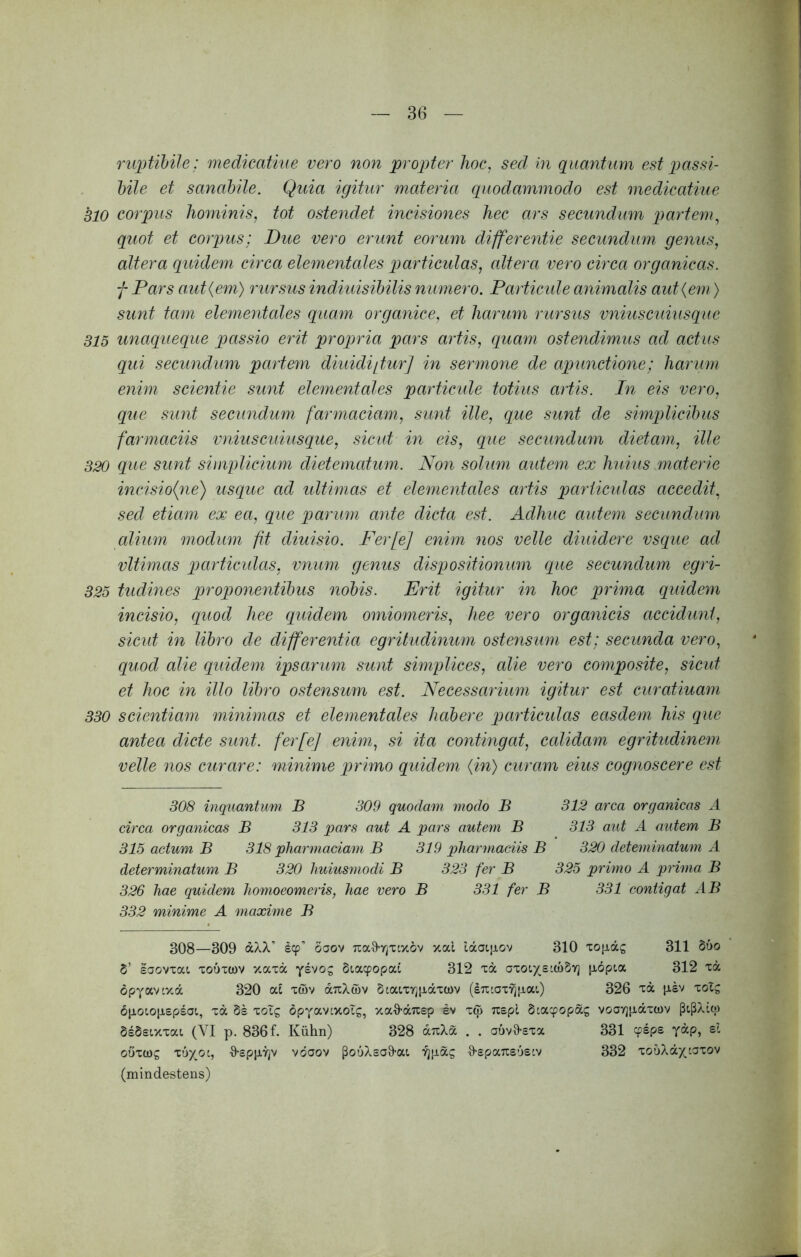 ruptibile: medicatiiie vero non propter hoc, seel in quantum est pas si- hile et sanabile. Quia igitur materia quodammodo est medicatiue 310 corpus hominis, tot ostendet incisiones hec ars secundum partem, quot et corpus: Due vero erunt eorum differentie secundum genus, altera quidem circa elementales particulas, altera vero circa organicas, f Pars amt{em) rursus indiuisihilis numero. Particule animalis aut{em) sunt tarn elementales quam organice, et harum rursus vnius cuius que 315 unaqueque passio erit propria pars artis, quam ostendimus ad actus qui secundum partem diuidij^tur] in sermone de apunctione; harum enim scientie sunt elementales particide totius artis. In eis vero, que sunt secundum farmaciam, sunt ille, que sunt de simplicibus farmaciis vnius cuius que, sicut in eis, que secundum dietam, ille 320 que sunt siinpliemm dietematum. Non solum autem ex huius materie incisio{ne) usque ad ultimas et elementales artis particulas accedit, sed etiam ex ea, que parum ante dicta est. Adhuc autem secundum alium modum fit diuisio. Fer [e] enim nos velle diuidere vsque ad vltimas particulas, vnum genus dispositionum que secundum egri- 325 tudines proponentibus nobis. Erit igitur in hoc prima quidem incisio, quod liee quidem omiomeris, hee vero organicis accidunt, sicid in libro de differentia egritudinum osteyisum est; secunda vero, quod alie quidem ipsarum sunt simplices, alie vero composite, sicut et hoc in illo libro ostensum est. Necessarium igitur est euratiuam 330 scientiam minimas et elementales habere particulas easdem his que antea dicte sunt, fer [e] enim, si ita contingat, calidam egritudinem velle nos curare: minime primo quidem {in) curam eius cognoscere est 308 inquantum B 309 quodam modo B 312 arca organicas A circa organicas B 313 pars aut A pars autem B 313 aut A autem B 315 actum B 318 pharmaciam B 319 pharmacus B 320 deteminatum A determinatum B 320 huiusmodi B 323 fer B 325 primo A prima B 326 hae quidem homoeomeris, hae vero B 331 fer B 331 coniigat AB 332 minime A maxime B 308—309 dXX’ Icp’ oaov Tia^r^Tcxov xal IdaiiJiov 310 zo\xdg 311 laovxat, to6tu)v xaxd ysvog Staepopat 312 xd axot,x£^w§Yj jiopta 312 xd dpyavtxd 320 ot.1 xwv dxXwv 8tatxY][idxo)v (extaxYjfxat) 326 xd |iev xolj 6[iotO|JLep$at, xd Ss xoig dpyavcxoig, xa^dTtep iv x^ xspl Staepopag voay][idxo)v p(,pXio3 deSeixxat (VI p. 8361. Kiihn) 328 duXd . . auvO'Sxa 331 cpsps ydp, sl o6x(D5 x6xoc, ■9’spjJLTjV vdaov pouXsaS-at O-epaxeOsiv 332 xouXdyjaxov (mindestens)