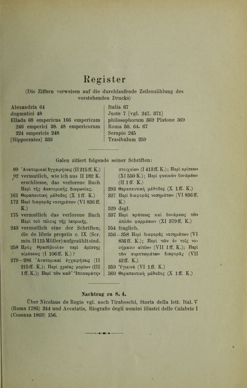 Register (Die Ziffern verweisen auf die durchlaufende Zeileiizahlung des vorstehenden Driicks) Alexandria 64 dogmatici 48 Ellada 68 empericus 166 empericam 246 emperici 38. 48 empericorum 224 empericis 248 [Hippocrates] 333 Italia 67 Juste 7 [vgl. 247. 371] philosophorum 369 Platone 369 Roma 50. 64. 67 Serapio 245 Trasibulum 259 Galen zitiert folgende seiner Schriften: 89 ’Avaxojuvtal (II215ff. K.) 92 verrnutlich, wie ich aus II182 K. ♦ erschliesse, das verlorene Buch Ilepl ZYig dMaxoiJU.x'^S dtacpcovtag. 161 0£paTC£UT!,xvj [jiEQ-oSog (X Iff. K.) 172 IlEpl Sia^opdg voavjiidTtov (VI 836 ff. K.) 175 verrnutlich das verlorene Buch Il£pl TOO TEXoOS iaTptXTjg. 243 verrnutlich eine der Schriften; die de libris propriis c. IX (Scr. min.II115MiUler) aufgezahltsind. 258 IIpoi^ 0pao6[3ooXov ix£pl dpCoxyjs a-pEOEWs (I 106ff. K.) ? 279—286 ’Avaxo|xtxal Eyx.s'-P^'^Et.s (II 215ff‘. K.); Ilepl yjpzioi.c, jioplcov (III Iff'. K.); Ilepl xwv xaO-’ ‘IxTcoxpdxTjv oxotxsiwv (I 413ff. K.); Ilepl xplaecov (XI 550 K.); Ilepl cpoatxwv Suvajistov (II Iff. K.) 293 0£pa7:eoxtXY] iieO-oSo^ (X Iff. K.) 327 Ilepl Staqjopdg vooYjiidxcov (VI 836 ff‘. K.) 329 dsgi. 337 Ilepl xpdaeu)^ xal §ovdp,ea)g xwv duXwv cpap|i,dxo)v (XI 379 ff. K.) 554 fraglich. 356—358 Ilepl §taq)opds voayjiidxtov (VI 836 ff. K.); Ilepl xwv ev zoZg vo- aY]|xaatv alxlwv (VII Iff, K.); Ilepl xwv oopLTixcopdxoDv Scacpopdg (VII 42 ff. K.) 359 TytEtvd (VI Iff. K.) 360 0£paxeux(.x'i^ pe^oSo^ (X Iff. K.) Nachtrag zu S. 4. tiber Nicolaus de Regio vgl. noch Tiraboschi, Storia della lett. Ital. V (Roma 1783) 244 und Accatatis, Biografie degii uomini illustri delle Calabrie I (Cosenza 1869) 156.