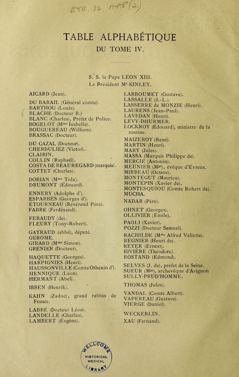 TABLE ALPHABÉTIQUE DU TOME IV. S. S. le Pape LÉON XIII. Le Président MC-KINLEY. AICARD (Jean). DU BARAIL (Général comte). BARTHOU (Louis). BLACHE (Docteur R.) BLANC (Charles), Préfet de Police. BOGELOT (Mm® Isabelle). BOUGUEREAU (William). BRASSAC (Docteur). DU CAZAL (Docteur). CHERBULIEZ (Victor). CLAIRIN. COLLIN (Raphaël). COSTA DE BEAUREGARD (marquis). COTTET (Charles). DORIAN (Mmc Tola). DRUMONT (Édouard). ENNERY (Adolphe d’). ESPARBÈS (Georges d’). ÉTOURNEAU (Révérend Père). FABRE (Ferdinand). FERAUDY (de). FLEURY (Tony-Robert). GAYRAUD (abbé), député. GÉROME. GIRARD (Mmo Simon). GRENIER (Docteur). HAQUETTE (Georges). HARPIGNIES (Henri). HAUSSONVILLE (ComteOthenin d’). HENNIQUE (Léon). HERMANT (Abel). IBSEN (Henrik). KAHN (Zadoc), grand rabbin de France. LABBÉ (Docteur Léon). LANDELLE (Charles). LAMBERT (Eugène). LARROUMET iGustave). LASSALLE (J.-L.). LASSERRE de MONZIE (Henri). LAURENS (Jean-Paul). LAVEDAN (Henri). LÉVY-DHURMER. LOCKROY (Édouard), ministre de la marine. MAIZEROY (René). MARTIN (Henri). MARY (Jules). MASSA (Marquis Philippe de). MERCIÉ (Antonin). MEUNIER (Mgr), évêque d’Évreux. MIRBEAU (Octave). MONTÉGUT (Maurice). MONTÉPIN (Xavier de). MONTESQUIOU (Comte Robert de). MUCHA. NADAR (Père). OHNET (Georges). OLLIVIER (Émile). PAOLI (Xavier). POZZI (Docteur Samuel). RACH1LDE (M“c Alfred Vallette). RÉGNIER (Henri de). REYER (Ernest). RIVIÈRE (Théodore). ROSTAND (Edmond). SELVES (J. de), préfet de la Seine. SUEUR (Mer), archevêque d’Avignon SULLY-PRUD’HOMME. THOMAS (Jules). VANDAL (Comte Albert). VAPEREAU (Gustave). VIERGE (Daniel). WECKERLIN. XAU (Fernand).