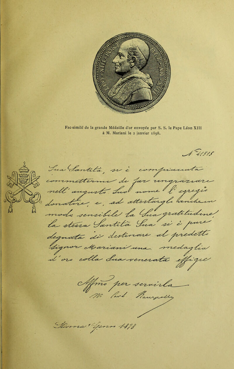 Fac-similé de la grande Médaille d’or envoyée par S. S. le Pape Léon XIII à M. Mariani le 2 janvier 1898.