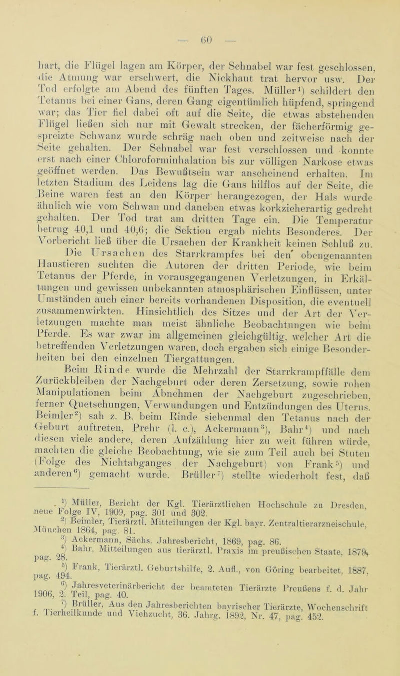 hart, die Flügel lagen am Körper, der Schnabel war fest geschlossen, die Atmung war erschwert, die Nickhant trat hervor nsw. Der Tod erfolgte am Abend des fünften Tages. Müller1) schildert den Tetanus bei einer Gans, deren Gang eigentümlich hüpfend, springend war; das i ier fiel dabei oft auf die Seite, die etwas abstehenden Flügel ließen sich nur mit Gewalt strecken, der fächerförmig ge- spreizte Schwanz wurde schräg nach oben und zeitweise nach der Seite gehalten. Der Schnabel war fest verschlossen und konnte erst nach einer C hloroforminhalation bis zur völligen Narkose etwas geöffnet werden. Das Bewußtsein war anscheinend erhalten. Im letzten Stadium des Leidens lag die Gans hilflos auf der Seite, die .Beine waren fest an den Körper herangezogen, der Hals wurde ähnlich wie vom Schwan und daneben etwas korkzieherartig gedreht gehalten. Der Jod trat am dritten Jage ein. Die Temperatur betrug 40,1 und 40,6; die Sektion ergab nichts Besonderes. Der Vorbericht ließ über die Ursachen der Krankheit keinen Schluß zu. Die l rsachen des Starrkrampfes bei den obengenannten Haustieren suchten die Autoren der dritten Periode, wie beim Tetanus der Pferde, in vorausgegangenen Verletzungen, in Erkäl- tungen und gewissen unbekannten atmosphärischen Einflüssen, unter l mständen auch einer bereits vorhandenen Disposition, die eventuell zusammen wirkten. Hinsichtlich des Sitzes und der Art der Ver- letzungen machte man meist ähnliche Beobachtungen wie beim Pferde. Es war zwar im allgemeinen gleichgültig, welcher Art die betreffenden Verletzungen waren, doch ergaben sich einige Besonder- heiten bei den einzelnen Tiergattungen. Beim Binde wurde die Mehrzahl der Starrkrampffälle dem Zurückbleiben der Nachgeburt oder deren Zersetzung, sowie rohen Manipulationen beim Abnehmen der Nachgeburt zugeschrieben, ferner Quetschungen, Verwundungen und Entzündungen des Uterus. Beimler~) sah z. B. beim Rinde siebenmal den Tetanus nach der Geburt auftreten, Prehr (1. c.), Ackermann3), Bahr4) und nach diesen viele andere, deren Aufzählung hier zu weit führen würde, machten die gleiche Beobachtung, wie sie zum Teil auch bei Stuten (Folge des Nichtabganges der Nachgeburt) von Frank5) und anderen0) gemacht wurde. Brüller7) stellte wiederholt fest, daß . b Müller, Bericht der Kgl. Tierärztlichen Hochschule zu Dresden neue Folge IV, 1909, pag. 801 und 802. Beimler, Lierärztl. Mitteilungen der Kgl. bavr. Zentraltierarzneischule München 1864, pag. 81. :!) Ackermann, Sachs. Jahresbericht, 1869, pag. 86. f1 Bahr, Mitteilungen aus tierärztl. Praxis im preußischen Staate, 1879. pag. 28. ) biank, lierärztl. Geburtshilfe, 2. Auf!., von Göring bearbeitet, 1887 pag. 194. innß ? ;J,ahresveteri'lilrhericlit der beamteten Tierärzte Preußens f. d. Jahr 190»), 2. Teil, pag. 40. , r„. ') Brüder, Aus den Jahresberichten bayrischer Tierärzte, Wochenschrift t. 1 lerheilkunde und Viehzucht, 36. Jahrg. 1892, Nr. 47. pag. 452.