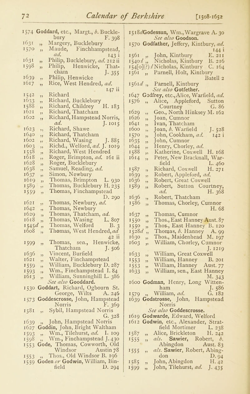 1574 Goddard, etc., Margt., b. Buckle- bury F. 398 1631 „ Margery, Bucklebury 1570 „ Maude, Finchhampstead, ad. 143 i 1631 ,, Philip, Bucklebury, ad. 212 ii 1598 „ Philip, Henwicke, That- cham J- 355 1639 „ Philip, Henwicke 1617 „ Rice, West Hendred, ad. 147 ii 1542 ,, Richard Richard, Bucklebury Richard, Childrey H. 183 1633 „ 1588 1621 )) Richard, Thatcham 1602 „ Richard, Hampstead Norris, ad. J. 1015 1623 ,, Richard, Shawe 1640 „ Richard, Thatcham 1602 ,, Richard, Wasing J. 885 1603 ,, Richd., Welford, ad. J. 1019 1558 „ Richard, West Hendred 1618 ,, Roger, Brimpton, ad. 161 ii 1628 „ Roger, Bucklebury 1638 ,, Samuel, Reading, ad. 1637 ,, Simon, Newbury 1619 „ Thomas, Brimpton L. 930 1559 ,, Thomas, Bucklebury H. 235 1559 „ Thomas, Finchampstead D. 290 1621 ,, Thomas, Newbury, ad. 1642 „ Thomas, Newbury 1629 „ Thomas, Thatcham, ad. 1618 „ Thomas, Wasing L. 807 1545^,, Thomas, Welford B. 3 1608 „ Thomas, West Hendred, czc/ 42 ii 1599 „ Thomas, sen., Henwicke, Thatcham J. 506 1636 1621 1559 „ William, Bucklebury D. 287 1593 „ Wm., Finchampstead I. 84 1613 ,, William, Sunninghill L. 386 See also Gooddard. 1530 Goddart, Richard, Ogbourn St. George, Wilts A. 246 1573 Goddescrosse, John, Hampstead Norris F. 369 1581 ,, Sybil, Hampstead Norris G. 328 1639 „ John, Hampstead Norris 1627 Goddin, John, Bright Waltham 1593 „ Wm., Tilehurst, ad. I. 109 1598 ,, Wm., Finchampstead J. 430 15 53 Gode, Thomas, Cowworth, Old Windsor Austin 78 1553 ,, Thos., Old Windsor B. 196 15 59 Goden or Godwin, William, Bin- field D. 294 „ Vincent, Burfield ,, Walter, Finchampstead 15 i8c/Godessun, Wm., Wargrave A. 30 See also Goodson. 1570 Godfather, Jeffery, Kintbury, ad. 144 i 1561 ,, John, Kintbury E. 211 1540V ,, Nicholas, Kintbury B. 216 154[o](?)./Nicholas, Kintbury C. 164 1561 ,, Parnell, Holt, Kintbury Bated 2 1561c/ ,, Parnell, Kintbury See also Gotfether. 1647 Godfrey, etc., Alice, Warfield, ad. 1576 „ Alice, Appleford, Sutton Courtney G. 86 1629 ,, Geo., North Hinksey M. 162 1626 ,, Joan, Cumnor 1641 „ Ivan, Thatcham 1600 1570 1635 1644 1588 1614 Joan, b. Warfield j) J. 528 142 i John, Cookham, ad. John, Cumnor Henry, Chorley, ad. ,, Katherine, Coxwell H. 168 ,, Peter, New Bracknall, War- field L. 460 1587 „ Richard, Coxwell H. 271 1639 ,, Robert, Appleford, ad. 1636 ,, Robert, Great Coxwell 1589 „ Robert, Sutton Courtney, ad. H. 368 1636 „ Robert, Thatcham 1586 „ Thomas, Chorley, Cumnor H. 68 1637 ,, Thomas, Cumnor 1550 ,, Thos., East Hanney Aust. 87 1550 v Thos., East Hanney B. 120 1528c/ ,, Thomas, b. Hanney A. 99 1630 ,, Thos., Maidenhead M. 197 1603 ,, William, Chorley, Cumnor J. 1219 1633 „ William, Great Coxwell 1553 „ William, Planney B. 201 1553 „ William, Hanney Aust. 77 1633 3? William, sen., East Hanney M. 343 1600 Godman, Henry, Long Witten- ham J. 586 1579 „ William, ad. G. 182 1639 Godstrosse, John, Hampstead Norris See also Goddescrosse. 1619 Godwarde, Edward, Welford 1612 Godwin, etc., Alexander, Strat- field Mortimer L. 238 1587 ,, Alice, Brickleton H. 242 15 5 5 ,, als. Sawier, Robert, b. Abingdon Aust. 83 155 5 „ als. Sawier, Robert, Abing- don D. 94 1585 „ John, Abingdon H. 42 1599 „ John, Tilehurst, ad. J. 435