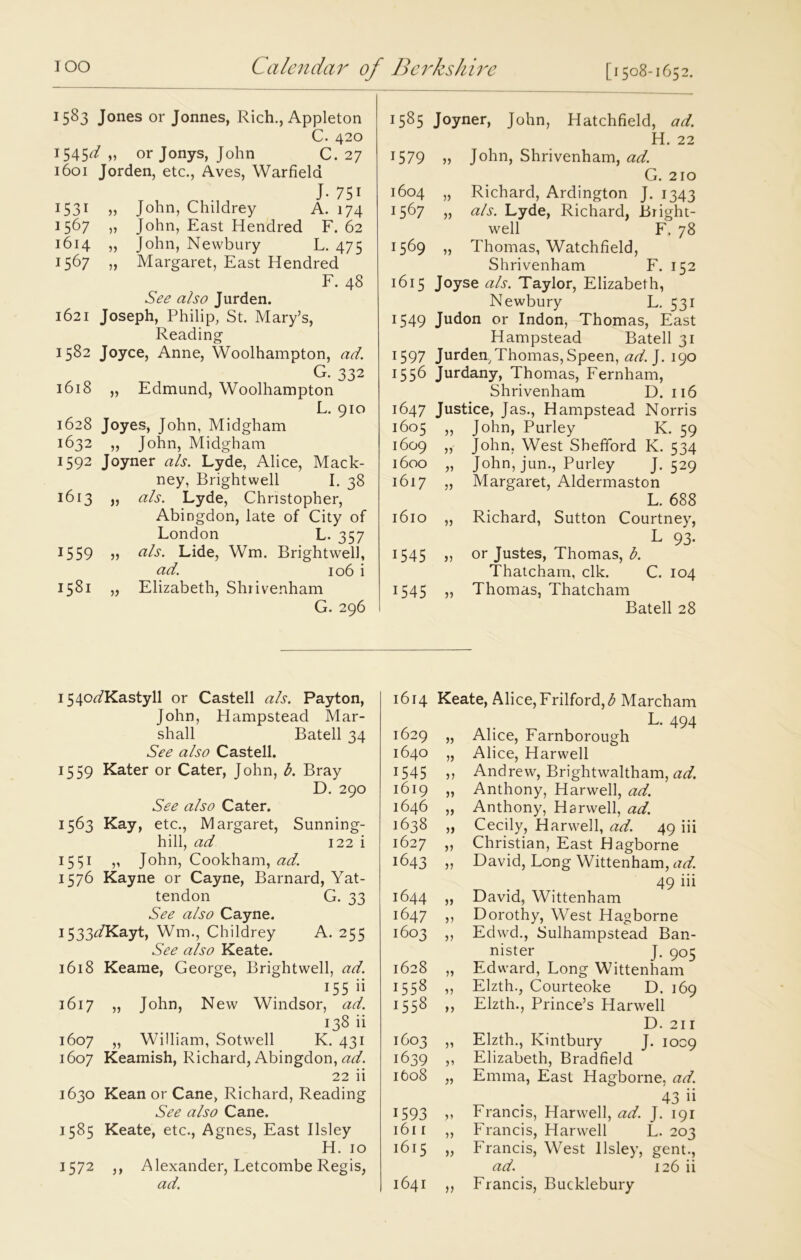 J5^3 Jones or Jonnes, Rich., Appleton C. 420 1545^ »» orjonys, John C. 27 1601 Jorden, etc., Aves, Warfield J- 751 1531 „ John, Childrey A. 174 1567 v John, East Hendred F. 62 1614 „ John, Newbury L. 475 1567 „ Margaret, East Hendred F. 48 See also Jurden. 1621 Joseph, Philip, St. Mary’s, Reading 1582 Joyce, Anne, Woolhampton, ad. G. 332 1618 „ Edmund, Woolhampton L. 910 1628 Joyes, John, Midgham 1632 „ John, Midgham 1592 Joyner a Is. Lyde, Alice, Mack- ney, Brightwell I. 38 1613 „ als. Lyde, Christopher, Abingdon, late of City of London L. 357 1559 ,, als. Lide, Wm. Brightwell, ad. 106 i 1581 „ Elizabeth, Shrivenham G. 296 1585 Joyner, John, Hatchfield, ad. H. 22 1579 5) John, Shrivenham, ad. G. 210 1604 „ Richard, Ardington J. 1343 1567 „ als. Lyde, Richard, Bright- well F. 78 1569 „ Thomas, Watchfield, Shrivenham F. 152 1615 Joyse als. Taylor, Elizabeth, Newbury L. 531 1549 Judon or Indon, Thomas, East Hampstead Batell 31 1597 Jurden,Thomas, Speen, ad. J. 190 1556 Jurdany, Thomas, Fernham, Shrivenham D. 116 1647 Justice, Jas., Hampstead Norris 1605 ,, John, Purley K. 59 1609 „ John, West Shefford K. 534 1600 „ John, jun., Purley J- 529 1617 „ Margaret, Aldermaston L. 688 1610 „ Richard, Sutton Courtney, L 93- 1545 „ or Justes, Thomas, b. Thatcham, elk. C. 104 1545 „ Thomas, Thatcham Bated 28 1540^/Kastyll or Castell als. Payton, John, Plampstead Mar- shall Bated 34 See also Castell. 1559 Kater or Cater, John, b. Bray D. 290 See also Cater. 1563 Kay, etc., Margaret, Sunning- hill, ad 122 i 15 51 „ John, Cookham, ad. 1576 Kayne or Cayne, Barnard, Yat- tendon G. 33 See also Cayne. I533c/Kayt, Wm., Childrey A. 255 See also Keate. 1618 Keame, George, Brightwell, ad. 155 ii 1617 „ John, New Windsor, ad. 138 ii 1607 „ Widiam, Sotwell K. 431 1607 Keamish, Richard, Abingdon, ad. 22 ii 1630 Kean or Cane, Richard, Reading See also Cane. 1585 Keate, etc., Agnes, East Ilsley H. 10 1572 ,, Alexander, Letcombe Regis, ad. 1614 Keate, Alice, Frilford,<£ Marcham L. 494 1629 „ Alice, Farnborough 1640 „ Alice, Harwell 1545 ,, Andrew, Brightwaltham, ad. 1619 „ Anthony, Harwell, ad. 1646 „ Anthony, Harwell, ad. 1638 „ Cecily, Harwell, ad. 49 iii 1627 „ Christian, East Hagborne 1643 ,, David, Long Wittenham, ad. 49 iii 1644 ,, David, Wittenham 1647 ,, Dorothy, West Hagborne 1603 ,, Edwd., Sulhampstead Ban- nister J. 905 1628 „ Edward, Long Wittenham 1558 ,, Elzth., Courteoke D. 169 1558 ,, Elzth., Prince’s Harwell D. 211 1603 „ Elzth., Kintbury J. 1009 1639 ,, Elizabeth, Bradfield 1608 „ Emma, East Hagborne, ad. 43 ii 1593 v Francis, Harwell, ad. J. 191 1611 „ Francis, Harwell L. 203 1615 „ Francis, West Ilsley, gent., ad. 126 ii 1641 ,, Francis, Bucklebury