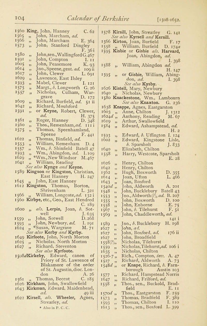 1560 King, John, Hanney C. 62 1565 )> John, Marcham, ad. 1566 ,, John, Marcham E. 364 1573 » John, Stanford Dingley F. 36 i i58o „ John, sen., Wallingford G. 467 1591 ,, John, Compton I. n 1605 John, Peasemore K. 93 1614 ,, Jno., Speene,gent. ad. 109 ii 1617 ,, John, Clewer L. 691 1629 „ Lawrence, East Usley 1593 » Mabel, Clewer I. 121 1575 j) Margt., b. Longworth G. 26 1557 „ Nicholas, Culham, War- grave D. 172 1609 „ Richard, Burfield, ad. 51 ii 1642 ,, Richard, Moulsford 1591 „ or Keyne, Robert, Clewer, ad. H. 375 1561 ,, Roger, Hanney D. 348 1560 „ Thos., Remenham, *7*7. mi 1575 „ Thomas, Speenhamland, Speene F. 441 1622 „ Thomas, Binfield, ad. 1553 v William, Remenham D. 4 1557 v Wm., b. Shinfield Batell 47 1593 Wm., Abingdon, ad. I.109 1629 „ *Wm., New Windsor M.467 1641 „ William, Reading See also Kynge aiid Keyne. 1589 Kingson or Kingston, Christian, East Hanney H. 247 1645 „ John, East Hanney 1612 Kingston, Thomas, Borton, Shrivenham L. 321 1566 „ William, Longcote,*7<7. 132 i 1560 Kirbye, etc., Geo., East Hendred C. 189 1600 „ als. Lerpin, Joan, b. Sot- well J. 635 1559 » John, Sotwell D.268 1593 „ John, Newbury, ad. I. 191 1624 „ *Susan, Wargrave M. 71 See also Kerby and Kyrby. 1649 Kirfoote, John, North Morton 1625 ,, Nicholas, North Morton 1627 „ Richard, Steventon See also Kyrfoote. 15o8z/Kirkeby, Edward, canon of Priory of St. Lawrence of Blakamore of the order of St. Augustin, dioc. Lon- don A. 26 1561 „ Thomas, Beccot C. 185 1626 Kirkham, John, Swallowfield 1643 Kirkman, Edward, Maidenhead, ad. 49 iii 1622 Kirsell, als. Wheeler, Agnes, Streatley, ad. * Also in P. C. C. 1578 Kirsill, John, Streatley G. 141 See also Kyrsell and Kersill. 1566 Kirton, Joan, Burfield F. 17 15 5<^ » William, Burfield D. 174*7 1595 Kisbie or Gisbie als. Harvard, Joan, Abingdon, ad. . L 398 1588 „ William, Abingdon ad. H. 147 1595 » or Gisbie, William, Abing- don, ad. I. 398 See also Kysby. 1626 Kistell, Mary, Newbury 1640 ,, Nicholas, Newbury 1580 Knackestone, Wm., Lambourn See also Knaxton. G. 236 1638 Knappe, Agnes, Eastgarston 1603 „ Anne, Chilton J. 1312 1624*7 „ Anthony, Reading M. 67 1619 „ Arthur, Swallowfield 1584 „ Edward, Ashampstead, ad. H. 2 1593 „ Edward, b. Uffington I. 124 1602 „ Edward, Kingstone Lisle, b. Sparsholt J. 833 1640 „ Elizabeth, Chilton 1558 „ Harry, Westcote, Sparsholt E. 28 1626 „ Henry, Chilton 1642 ,, Henry, Chilton 1562 „ Hugh, Boxworth D. 355 1614 ,, Joan, Ufton L. 466 1643 „ Joan, Boxford 1540*7 ,, John, Aldworth A. 201 1548 „ John, Bucklebury Batell 43 1553 „ Jno., Aldworth (?), ad. B. 207 1555 „ John, Boxworth D. 100 1558 3) John, Enborne E. 75 1567 „ John, b. Tilehurst F. 51 1569 „ John, Chaddleworth, ad. 141 i 1589 „ Jno., b. Bucklebury H. 198 1627 „ John, ad. 1627 ,, John, Boxford, ad. 176 ii 1627 „ John, Broadfield 1558(F),, Nicholas, Tilehurst 1559 „ Nicholas,Tilehurst,ad. 106 i 1635 „ Nicholas, Chilton 1526-7 „ Rich., Compton, inv. A. 47 1527 „ Richard, Aldworth A. 73 1548*7 „ or Knape, Richard, b. Farn- borough Austin 103 1577 „ Richard, Hampstead Norris 1647 ,, Richard, Frilford, ad. 1558 „ Thos., sen., Buckold, Brad- field E. 11 1570*7 „ Thos., Eastgarston F. 259 1573 „ Thomas, Bradfield F. 389 1593 „ Thomas, Chilton I. no 1613 „ Thos., sen., Boxford L. 399