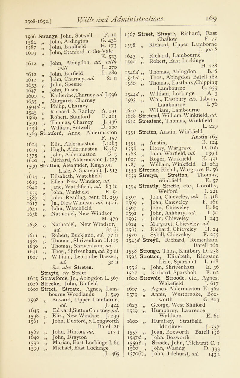 1508-1652.] 1566 Strange, John, Sotwell F. 11 1584 ,, John, Ardington G. 436 1587 „ John, Bradfield H. 173 1609 ,, John, Stanford-in-the-Vale K. 5“3 1612 ,, John, Abingdon, ad. with will L. 270 1612 „ John, Burfield L. 289 1612 „ John, Charney, ad. 82 ii 1633 „ John, Speene 1647 „ John, Pusey 1600 „ Katherine, Charney, ad.). 596 1635 „ Margaret, Charney 1594*7,, Philip, Charney 1545 „ Richard, b. Radley A. 231 1569 „ Robert, Stanford F. 211 1599 „ Thomas, Charney J. 436 1558 „ William, Sotwell D. 220 ic6q Stratford, Anne, Aldermaston F. 157 1604 „ Eliz., Aldermaston J.1283 1609 „ Hugh, Aldermaston K.567 1575 )> John, Aldermaston G. 9 1600 „ Richard, Aldermaston J. 527 1599 Stratton, Alexander, Kingston Lisle, b. Sparsholt J. 513 1634 „ Elizabeth, Watchfield 1619 „ Ellen, New Windsor, ad. 1641 „ Jane, Watchfield, ad. 83 iii 1559 „ John, Winkfield E. 54 1587 >, John, Reading, gent. H. 259 1617 „ Jn., New Windsor, ad. 140 ii 1641 „ John, Watchfield 1638 „ Nathaniel, New Windsor M. 479 1638 „ Nathaniel, New Windsor, ad. 83 iii 1611 „ Robert, Buckland, ad. 77 ii 1587 „ Thomas, Shrivenham H.i 15 1630 ,, Thomas, Shrivenham, ad 1641 „ Thos., Shrivenham,ad. 83 iii 1607 „ William, Letcombe Bassett, ad. 32 ii See also Streten. Strayte, see Street. 1615 Strawforde, Jn., Abingdon L. 567 1626 Streeke, John, Binfield 1600 Street, Streate, Agnes, Lam- bourne Woodlands J. 549 1598 „ Edward, Upper Lamborne, ad. J. 424 1645 ,, Edward, SuttonCourtney,<2*7. 1598 „ Eliz., New Windsor J-299 1561 „ John, Duxford, b. Longworth Batell 21 1562 „ John, Hinton, ad. 117 i 1640 „ John, Drayton 1592 „ Marian, East Lockinge I, 61 1599 „ Michael, East Lockinge J- 465 1567 Street, Strayte, Richard, East Challow F. 77 1598 „ Richard, Upper Lamborne J. 300 b 1643 „ Richard, Lambourne 1590 ,, Robert, East Lockinge H. 228 1546*7 „ Thomas, Abingdon B. 8 1546*7 „ Thos., Abingdon Bated 182 1580 „ Thomas, Eastbury,Chipping Lambourne G. 259 1544*7 „ William, Lockinge A. 3 1593 j? Wm., Eastbury als. Isbury, Lambourne I. 76 1640 „ William, Lambourne 1628 Stretend, William, Winkfield, ad. 1612 Streatend, Thomas, Winkfield L. 229 1551 Streten, Austin, Winkfield Austin 165 1551 „ Austin, B. 124 1558 „ Harry, Wargrave D. 166 1568 „ John, Warfield, ad. 1391 1607 „ Roger, Winkfield K. 351 1587 „ William, Winkfield H. 264 1559 Stretine, Richd., Wargrave E. 56 1559 Stretyn, Stretton, Thomas, Winkfield E. 57 1594 Streatly, Stretle, etc., Dorothy, Welford I. 221 1597 „ Joan, Chieveley, ad. J. 318 1569 „ Joan, Chieveley F. 161 1567 „ John, Chieveley F. 89 1592 „ John, Ashbury, ad. I. 70 1595 „ John, Chieveley I 243 1624 „ Margaret, Chieveley, ad. 1585 „ Richard, Chieveley H. 24 1570 „ Sybill, Chieveley F. 255 1545*7 Streyll, Richard, Remenham Bated 162 1558 Stronge, Thos., Kintbury D. 258 1593 Strotton, Elizabeth, Kingston Lisle, Sparsholt I. 128 1558 )> John, Shrivenham E. 36 1567 ,, Richard, Sparsholt F. 62 1600 Strowde, Stroode, etc., Agnes, Wakefield J. 617 1607 „ Agnes, Aldermaston K. 362 1579 „ Annis, Westbrooke, Box- worth G. 203 1623 „ George, West Shifford 1559 „ Humphrey, Lawrence Waltham E. 61 1600 „ Humfrey, Stratfield Mortimer J. 537 1557 „ Joan, Boxworth Bated 156 1547*7 „ John, Boxworth 1559? i) Strode, John, Tilehurst C. 1 1560 ,, John, Wasing D. 333 1570(F),, John, Tilehurst, ad. 143 i