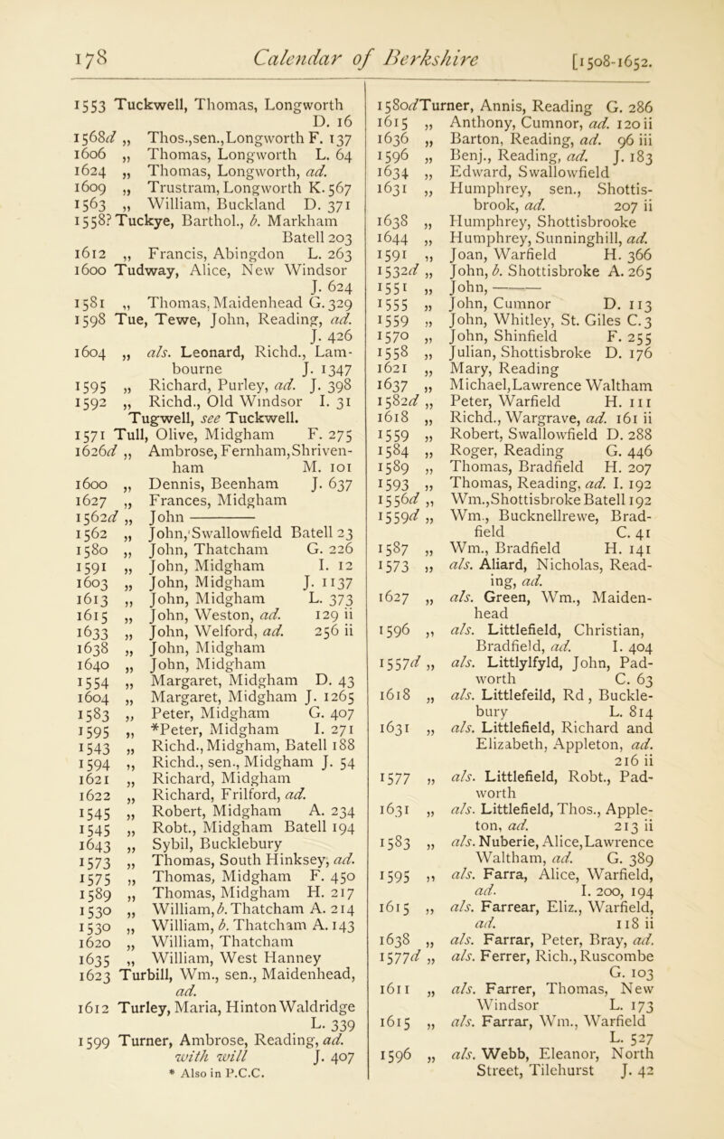 1553 Tuckwell, Thomas, Longworth D. 16 1568^ „ Thos.,sen.,Longworth F. 137 1606 „ Thomas, Longworth L. 64 1624 „ Thomas, Longworth, ad. 1609 „ Trustram, Longworth K. 567 1563 „ William, Buckland D. 371 i558?Tuckye, Barthol., A Markham Batell 203 1612 »» Francis, Abingdon L. 263 1600 Tudway, Alice, New Windsor J. 624 1581 „ Thomas, Maidenhead G. 329 1598 Tue, Tewe, John, Reading, ad. J. 426 1604 „ ah. Leonard, Riclid., Lam- bourne J. 1347 1595 „ Richard, Purley, ad. J. 398 1592 „ Richd., Old Windsor I. 31 Tugwell, see Tuckwell. 1571 Tull, Olive, Midgham F. 275 1626d ,, Ambrose, Fernham,Shriven- ham M. 101 1600 „ Dennis, Beenham J. 637 1627 „ Frances, Midgham 1562d „ John 1562 „ John,1 Swallowfield Batell 23 1580 „ John, Thatcham G. 226 1591 » J°hn, Midgham I. 12 1603 „ John, Midgham J. 1137 1613 ,, John, Midgham L. 373 1615 „ John, Weston, ad. 129 ii 1633 » John, Welford, ad. 256 ii 1638 „ John, Midgham 1640 „ John, Midgham 1554 „ Margaret, Midgham D. 43 1604 „ Margaret, Midgham J. 1265 1583 „ Peter, Midgham G. 407 1595 „ *Peter, Midgham I. 271 1543 „ Richd., Midgham, Batell 188 1594 ,, Richd., sen., Midgham J. 54 1621 1622 1545 1545 .. 1643 „ Sybil, Bucklebury 1573 „ Thomas, South Hinksey, ad. 1575 „ Thomas, Midgham F. 450 1589 » Thomas, Midgham H. 217 I53° » William, A Thatcham A. 214 I53° William, A Thatcham A. 143 1620 1635 . 1623 Turbill, Wm., sen., Maidenhead, ad. 1612 Turley, Maria, Hinton Waldridge L- 339 1599 Turner, Ambrose, Reading, with will J. 407 * Also in P.C.C. „ Richard, Midgham „ Richard, Frilford, ad. „ Robert, Midgham A. 234 „ Robt., Midgham Batell 194 » „ William, Thatcham „ William, West Hanney i58oATurner, Annis, Reading G. 286 1615 „ Anthony, Cumnor, ad. 120 ii 1636 „ Barton, Reading, ad. 96 iii 1596 „ Benj., Reading, ad. J. 183 1634 „ Edward, Swallowfield 1631 „ Humphrey, sen., Shottis- brook, ad. 207 ii 1638 „ Humphrey, Shottisbrooke 1644 » Humphrey, Sunninghill, ad. I59I i) Joan, Warfield H. 366 1532A „ John, A Shottisbroke A. 265 1551 „ John, 1 555 j) John, Cumnor D. 113 1559 j? John, Whitley, St. Giles C. 3 I57° jj John, Shinfield F. 255 1558 „ Julian, Shottisbroke D. 176 1621 „ Mary, Reading 1637 j? Michael,Lawrence Waltham 1582^,, Peter, Warfield H. m 1618 „ Richd., Wargrave, ad. 161 ii 15 59 Robert, Swallowfield D. 288 1584 „ Roger, Reading G. 446 1589 „ Thomas, Bradfield H. 207 1593 ,, Thomas, Reading, ad. I. 192 1556d „ Wm.,Shottisbroke Batell 192 1559^ Wm., Bucknellrewe, Brad- field C. 41 1587 „ Wm., Bradfield H. 141 1573 „ als. Aliard, Nicholas, Read- ing, ad. 1627 „ ah. Green, Wm., Maiden- head 1596 ,, ah. Littlefield, Christian, Bradfield, ad. I. 404 I557<^» ah. Littlylfyld, John, Pad- worth C. 63 1618 „ ah. Littlefeild, Rd , Buckle- bury L. 814 1631 „ ah. Littlefield, Richard and Elizabeth, Appleton, ad. 216 ii 1577 „ als. Littlefield, Robt., Pad- worth 1631 „ ah. Littlefield, Thos., Apple- ton, ad. 213 ii 1583 „ ah. Nuberie, Alice,Lawrence Waltham, ad. G. 389 1595 ,, ah. Farra, Alice, Warfield, ad. I. 200, 194 1615 ,, ah. Farrear, Eliz., Warfield, ad. 118 ii 1638 „ ah. Farrar, Peter, Bray, ad. l$77d Ferrer, Rich., Ruscombe G. 103 1611 „ ah. Farrer, Thomas, New Windsor L. 173 1615 „ ah. Farrar, Wm., Warfield L. 527 ^96 „ ah. Webb, Eleanor, North Street, Tilehurst J. 42