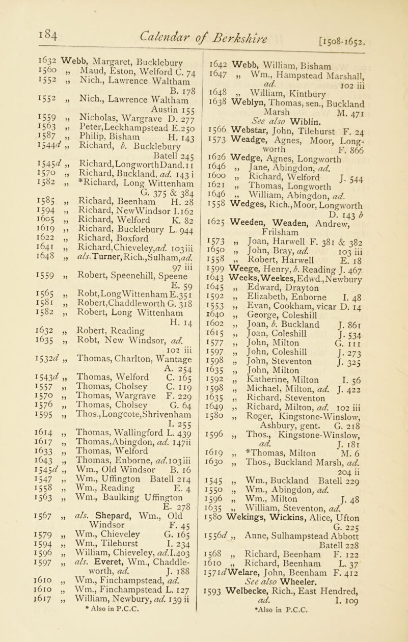 [1508-1652. 1632 Webb, Margaret, Bucklebury J56o „ Maud, Eston, Welford C. 74 I552 Nich., Lawrence Waltham B. 178 J552 » Nich., Lawrence Waltham Austin 155 1559 )> Nicholas, Wargrave D. 277 *563 jj Peter,Leckhampstead E.250 1S87 „ Philip, Bisham H. 143 1544^ 5) Richard, b. Bucklebury Bated 245 i545^ >> Richard,LongworthDand. 11 157° Richard, Buckland, ad. 143 i j5S2 „ ^Richard, Long Wittenham G. 375 & 384 15S5 j) Richard, Beenham H. 28 1594 5} Richard, NewWindsor 1.162 1605 „ Richard, Welford K. 82 J6i9 m Richard, Bucklebury L. 944 1622 „ Richard, Boxford I64i „ Ri chard, Chieveley,<?<7. 103 iii 1648 „ fl/j. Turner, Rich., S ulham,<2*7. 97 iii 1559 » Robert, Speenehill, Speene E. 59 1S^,S v Robt,LongWittenhamE.351 1581 ,, Robert,Chaddleworth G. 318 1582 „ Robert, Long Wittenham H. 14 1632 „ Robert, Reading 1635 „ Robt, New Windsor, ad. 102 iii 1532^/ „ Thomas, Charlton, Wantage A. 254 I543^» Thomas, Welford C. 165 1557 „ Thomas, Cholsey C. 119 1570 „ Thomas, Wargrave F. 229 1576 „ Thomas, Cholsey G. 64 1595 „ Thos.,Longcote,Shrivenham L 255 1614 ,, Thomas, Wallingford L. 439 1617 „ Thomas, Abingdon, ad. 147a 1633 „ Thomas, Welford 1643 „ Thomas, Enborne, ad. 103 iii 1545*7 „ Wm., Old Windsor B. 16 1547 ,, Wm., Uffington Bated 214 1558 » Wm., Reading E. 4 1563 „ Wm., Baulking Uffington E. 278 1567 „ a/s. Shepard, Wm., Old Windsor F. 45 1579 j) Wm., Chieveley G. 165 1594 ,, Wm., Tilehurst I. 234 1596 „ William, Chieveley, ^*7.1.403 1597 „ a/s. Everet, Wm., Chaddle- worth, ad. J. 188 1610 „ Wm., Finchampstead, ad. 1610 „ Wm., Finchampstead L. 127 1617 „ William, Newbury, ad. 139 ii 1642 Webb, William, Bisham I^47 Wm., Hampstead Marshall, ad 102 iii 1648 „ William, Kintbury 1638 Weblyn, Thomas, sen., Buckland Marsh M. 471 See also Wiblin. 1566 Webstar, John, Tilehurst F. 24 1573 Weadge, Agnes, Moor, Long- worth F. 866 1626 Wedge, Agnes, Longworth ^46 ,, Jane, Abingdon, ad. 1600 „ Richard, Welford J. 544 1621 „ Thomas, Longworth ^46 ,, William, Abingdon, ad. 1558 Wedges, Rich.,Moor,Longworth D. 143 b 1625 Weeden, Weaden, Andrew, Frilsham 1573 » Joan, Harwell F. 381 & 382 ^50 „ John, Bray, ad. 103 iii J55^ » Robert, Harwell E. 18 1599 Weege, Henry, b. Reading J. 467 1643 Weeks,Weekes,Edwd.,Newbury 1645 „ Edward, Drayton 1592 „ Elizabeth, Enborne I. 48 1553 » Evan, Cookham, vicar D. 14 1640 „ George, Coleshill 1602 ,, Joan, b. Buckland J. 861 i6i5 „ Joan, Coleshill J-534 1577 ,, John, Milton G. 111 1597 5, John, Coleshill J-273 j598 n John, Steventon J. 325 *635 )y John, Milton 1592 „ Katherine, Milton I. 56 1598 „ Michael, Milton, ad. J. 422 i£,35 v Richard, Steventon 1649 n Richard, Milton, ad. 102 iii x58o „ Roger, Kingstone-Winslow, Ashbury, gent. G. 218 t596 „ Thos., Kingstone-Winslow, eid. J. 181 1619 „ *Thomas, Milton M. 6 1630 „ Thos., Buckland Marsh, ad. 204 ii 1545 ,, Wm., Buckland Batell 229 ^S0 » Wm., Abingdon, ad. 1596 „ Wm., Milton J. 48 1635 „ William, Steventon, ad. 1580 Wekings, Wickins, Alice, Ufton G. 225 15 56*7 ,, Anne, Sulhampstead Abbott Bated 228 1568 „ Richard, Beenham F. 122 1610 „ Richard, Beenham L. 37 i57i*7Welare, John, Beenham F. 412 See also Wheeler. 1593 Welbecke, Rich., East Hendred, ad. I. 109