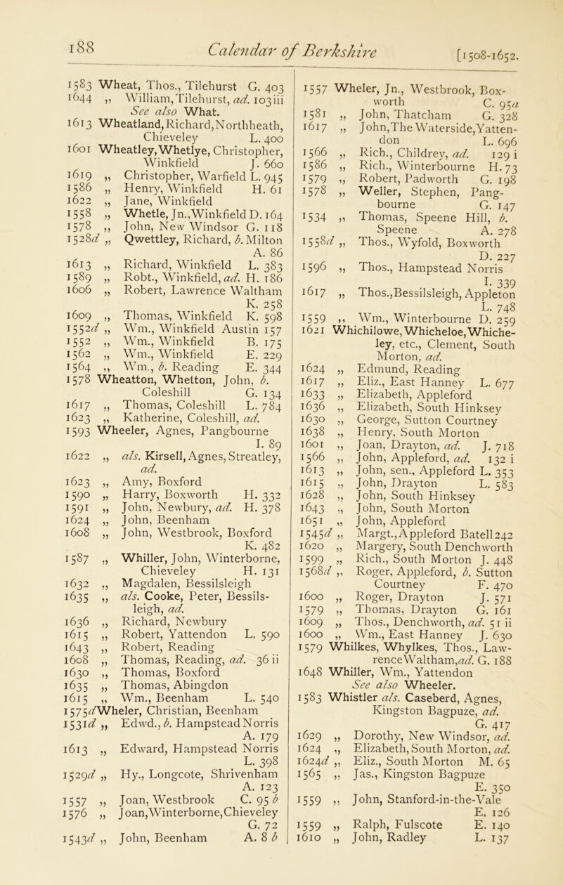 [1508-1652. 1583 Wheat, Thos., Tilehurst G. 403 1644 ,, William, Tilehurst, ad. 103iii See also What. 1613 Wheatland,Richard,Northheath, Chieveley L. 400 1601 Wheatley, Whetlye, Christopher, Winkfield J. 660 1619 „ Christopher, Warfield L. 945 1586 „ Henry, Winkfield H. 61 1622 „ Jane, Winkfield 1558 „ Whetle, Jn.,Winkfield D. 164 1578 ,, John, New Windsor G. 118 1528d „ Qwettley, Richard, A Milton A. 86 1613 „ Richard, Winkfield L. 383 1589 „ Robt., Winkfield, ad. H. 186 1606 „ Robert, Lawrence Waltham K. 258 1609 „ Thomas, Winkfield K. 598 1552^7 „ Wm., Winkfield Austin 157 1552 ,, Wm., Winkfield B. 175 1562 „ Wm., Winkfield E. 229 1564 ,, Wm., b. Reading E. 344 1578 Wheatton, Whetton, John, b. Coleshill G. 134 1617 ,, Thomas, Coleshill L. 784 1623 „ Katherine, Coleshill, ad. 1593 Wheeler, Agnes, Pangbourne I. 89 1622 „ ah. Kirsell, Agnes, Streatley, ad. 1623 „ Amy, Boxford 1590 „ Harry, Boxworth H. 332 1591 » John? Newbury, ad. H. 378 1624 „ John, Beenham 1608 „ John, Westbrook, Boxford K. 482 1587 „ Whiller, John, Winterborne, Chieveley H. 131 1632 ,, Magdalen, Bessilsleigh 1635 „ als. Cooke, Peter, Bessils- leigh, ad. 1636 „ Richard, Newbury 1615 ,, Robert, Yattendon L. 590 1643 „ Robert, Reading 1608 „ Thomas, Reading, ad. 36 ii 1630 ,, Thomas, Boxford 1635 „ Thomas, Abingdon 1615 „ Wm., Beenham L. 540 i575YWheler, Christian, Beenham 1531^ „ Edwd., A Hampstead Norris A. 179 1613 „ Edward, Hampstead Norris L. 398 1529A „ Hy., Longcote, Shrivenham A. 123 1557 ,, Joan, Westbrook C. 95 b 1576 „ Joan,Winterborne,Chieveley G. 72 1543Y „ John, Beenham A. 8 b 1557 Wheler, Jn., Westbrook, Box- worth C. 95a 1581 „ John, Thatcham G. 328 J6i 7 » John,The Waterside,Yatten- don L. 696 1566 „ Rich., Childrey, ad. 129 i 1586 ,, Rich., Winterbourne H. 73 1579 ,, Robert, Padworth G. 198 1578 „ Weller, Stephen, Pang- bourne G. 147 1534 „ Thomas, Speene Hill, b. Speene A. 278 J55&d „ Thos., Wyfold, Boxworth D. 227 159^ Thos., Hampstead Norris I. 339 1617 „ Thos.,Bessilsleigh, Appleton L. 748 1559 >? Wm., Winterbourne D. 259 1621 Whichilowe, Whicheloe, Whiche- ley, etc., Clement, South Morton, ad. 1624 „ Edmund, Reading 1617 „ Eliz., East Hanney L. 677 1633 „ Elizabeth, Appleford 1636 „ Elizabeth, South Hinksey 1630 „ George, Sutton Courtney 1638 „ Henry, South Morton 1601 ,, Joan, Drayton, ad. J. 718 1566 „ John, Appleford, ad. 132 i 1613 „ John, sen., Appleford L. 353 !6i5 „ John, Drayton L. 583 1628 „ John, South Hinksey 1643 „ John, South Morton 1651 „ John, Appleford 1545Y „ Margt.,Appleford Batell242 1620 „ Margery, South Denchworth 1599 Rich., South Morton J. 448 1568Y ,, Roger, Appleford, b. Sutton Courtney F. 470 1600 „ Roger, Drayton J. 571 1579 „ Thomas, Drayton G. 161 1609 „ Thos., Denchworth, ad. 51 ii 1600 „ Wm., East Hanney J. 630 1579 Whilkes, Whylkes, Thos., Law- rence Waltham,G. 188 1648 Whiller, Wm., Yattendon See also Wheeler. 1583 Whistler ah. Caseberd, Agnes, Kingston Bagpuze, ad. G. 417 1629 „ Dorothy, New Windsor, ad. 1624 „ Elizabeth, South Morton, ad. 1624d ,, Eliz., South Morton M. 65 15^5 j? Jas., Kingston Bagpuze , . E* 350 1559 j? John, Stanford-in-the-Vale E. 126 1559 „ Ralph, Fulscote E. 140 1610 „ John, Radley L. 137