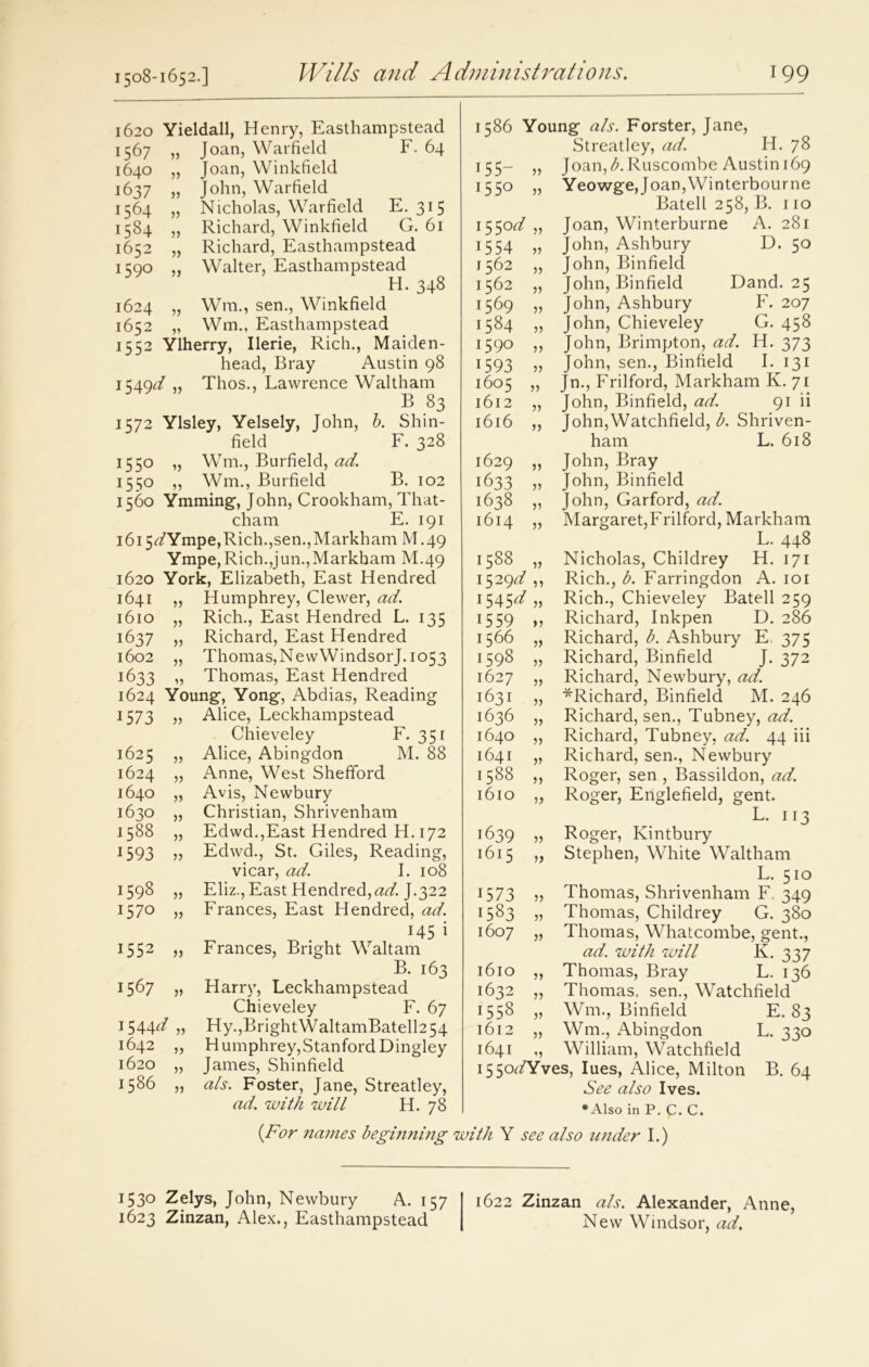 1620 Yieldall, Henry, Easthampstead 1567 „ Joan, Warfield F. 64 1640 „ Joan, Winkfield 1637 „ John, Warfield 1564 „ Nicholas, Warfield E. 315 1584 „ Richard, Winkfield G. 61 1652 „ Richard, Easthampstead 1500 „ Walter, Easthampstead H. 348 1624 „ Wm., sen., Winkfield 1652 „ Wm., Easthampstead 1552 Ylherry, Ilerie, Rich., Maiden- head, Bray Austin 98 1549^ „ Thos., Lawrence Waltham B 83 1572 Ylsley, Yelsely, John, b. Shin- field F. 328 i55° „ Wm., Burfield, ad. 1550 „ Wm., Burfield B. 102 1560 Ymming, John, Crookham, That- cham E. 191 i6i5^/Ympe,Rich.,sen.,Markham M.49 Ympe,Rich.,jun.,Markham M.49 1620 York, Elizabeth, East Hendred 1641 „ Humphrey, Clewer, ad. 1610 „ Rich., East Hendred L. 135 1637 „ Richard, East Hendred 1602 „ Thomas, NewWindsorJ. 1053 1633 „ Thomas, East Hendred 1624 Young-, Yong, Abdias, Reading 1573 „ Alice, Leckhampstead Chieveley F. 351 1625 „ Alice, Abingdon M. 88 1624 „ Anne, West Shefford 1640 „ Avis, Newbury 1630 „ Christian, Shrivenham 1588 „ Edwd.,East Hendred H. 172 1593 „ Edwd., St. Giles, Reading, vicar, ad. I. 108 1598 „ Eliz., East Hendred, ad. J.322 1570 „ Frances, East Hendred, ad. 145 i 1552 „ Frances, Bright Waltam B. 163 1567 „ Harr)r, Leckhampstead Chieveley F. 67 1544^7 „ Hy.,BrightWaltamBatell254 1642 ,, H umphrey,Stanford Dingley 1620 „ James, Shinfield 1586 „ a/s. Foster, Jane, Streatley, ad. with will H. 78 1586 Young a/s. Forster, Jane, Streatley, ad. H. 78 155- » Joan, ARuscombe Austin 169 1550 „ Yeowge,Joan,Winterbourne Batell 258, B. 110 155od „ Joan, Winterburne A. 281 1554 „ John, Ashbury D. 50 j562 „ John, Binfield 1562 „ John, Binfield Dand. 25 1569 „ John, Ashbury F. 207 1584 „ John, Chieveley G. 458 1590 ,, John, Brimpton, ad. H. 373 1593 „ John, sen., Binfield I. 131 1605 „ Jn., Frilford, Markham K. 71 1612 „ John, Binfield, ad. 91 ii 1616 ,, John,Watchfield, b. Shriven- ham L. 618 1629 ,, John, Bray 1633 v J°hn, Binfield 1638 „ John, Garford, ad. 1614 „ Margaret,Frilford, Markham L. 448 1588 „ Nicholas, Childrey H. 171 1529d ,, Rich., b. Farringdon A. 101 1545d „ Rich., Chieveley Batell 259 1559 ,, Richard, Inkpen D. 286 1566 „ Richard, b. Ashbury E 375 1598 „ Richard, Binfield J. 372 1627 „ Richard, Newbury, ad. 1631 „ *Richard, Binfield M. 246 1636 „ Richard, sen., Tubney, ad. 1640 „ Richard, Tubney, ad. 44 iii 1641 „ Richard, sen., Newbury 1588 ,, Roger, sen , Bassildon, ad. 1610 „ Roger, Englefield, gent. L. 113 1639 „ Roger, Kintbury 1615 „ Stephen, White Waltham L. 510 1573 » Thomas, Shrivenham F. 349 1583 „ Thomas, Childrey G. 380 1607 „ Thomas, Whatcombe, gent., ad. with will K. 337 1610 ,, Thomas, Bray L. 136 1632 „ Thomas, sen., Watchfield 1558 „ Wm., Binfield E. 83 L. jj'' 1612 „ Wm., Abingdon 1641 „ William, Watchfield i55oAYves, lues, Alice, Milton B. 64 See also Ives. •Also in P. C. C. (For names beginning with Y see also tinder I.) 1530 Zelys, John, Newbury A. 157 1622 Zinzan als. Alexander, Anne, 1623 Zinzan, Alex., Easthampstead New Windsor, ad.