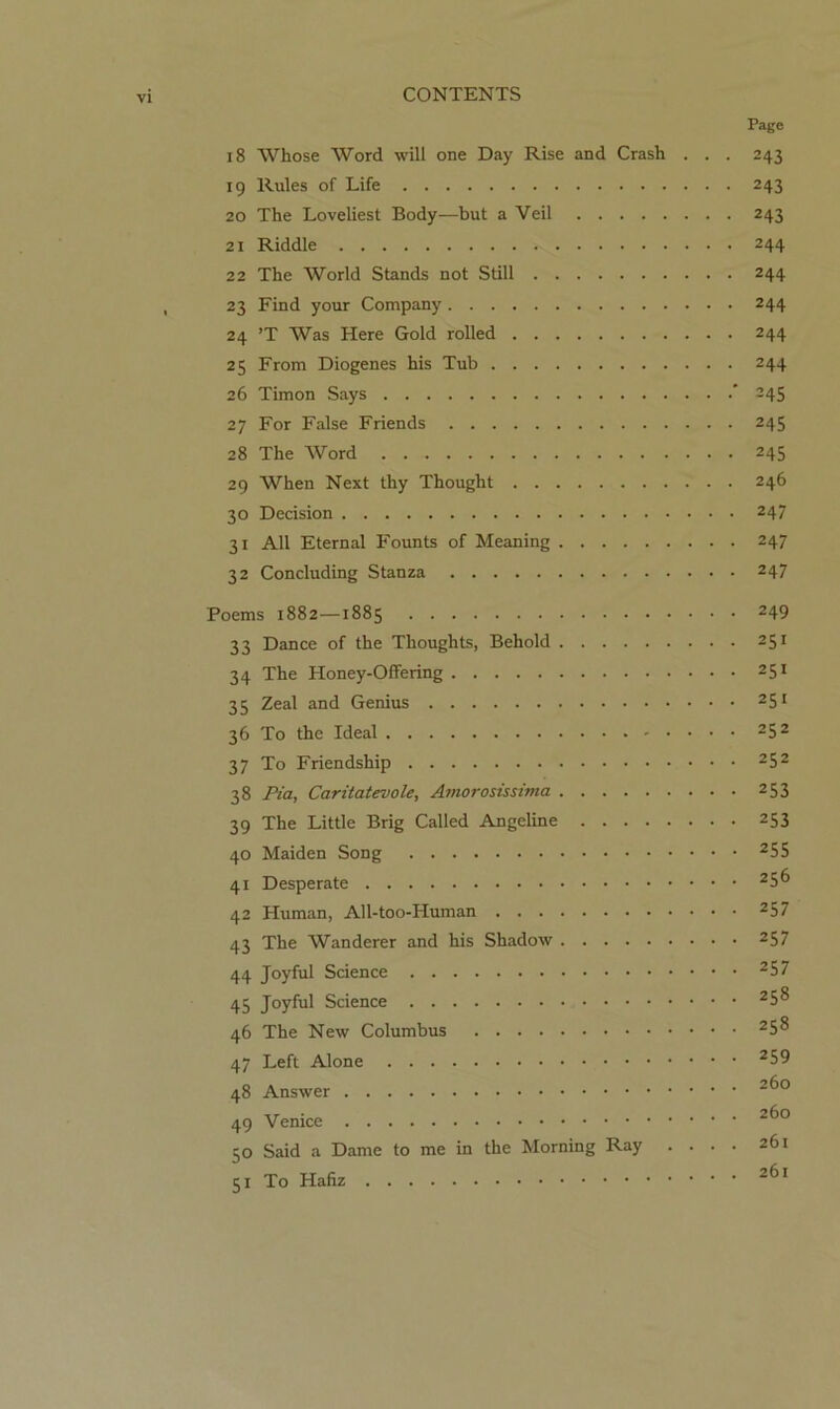 Page 18 Whose Word will one Day Rise and Crash . . . 243 19 Rules of Life 243 20 The Loveliest Body—but a Veil 243 21 Riddle 244 22 The World Stands not Still 244 23 Find your Company 244 24 ’T Was Here Gold rolled 244 25 From Diogenes his Tub 244 26 Timon Says ' 245 27 For False Friends 245 28 The Word 245 29 When Next thy Thought 246 30 Decision 247 31 All Eternal Founts of Meaning 247 32 Concluding Stanza 247 Poems 1882—1885 249 33 Dance of the Thoughts, Behold 251 34 The Honey-Offering 251 35 Zeal and Genius 251 36 To the Ideal 252 37 To Friendship 252 38 Pia, Caritatevole, Amorostssinta 253 39 The Little Brig Called Angeline 253 40 Maiden Song ^55 41 Desperate ^5^ 42 Human, All-too-Human 257 43 The Wanderer and his Shadow 257 44 Joyful Science ^57 45 Joyful Science ^5^ 46 The New Columbus 47 Left Alone 48 Answer 50 Said a Dame to me in the Morning Ray . . ■ 51 To Hafiz