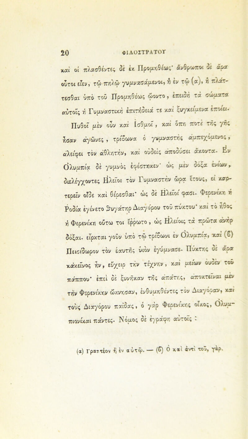 χαί οί πλασθέντες δέ ή Προμηθέως* άνθρωποι δέ άρα ουτοι εΓεν, τώ πτ;>ώ γυμνασάμενοι, λ έν τώ (α), ή π/^τ- τεσθαι υπό τού Προμοίθεως ωοντο , επεισή τά σωμα.α αύτοΓς ή Γυμναστή επιτήδεια τε καί ξνγκειμενα έποία. Πυθοϊ μέν ουν καί Ισθμοί, καί όπτί ποτέ τής γίί ?,σαν αγώνες , τρίδωνα ό γυμναστής άμπεχόμενο;, αλείφει τον άθλ/,τήν, καί οΰδείς αποδύσει άκοντα. Εν όλυαπία δέ γυμνός έφέσττϊκεν' ώ·; μέν δόξα ένιων, διελέγχοντες ΗλεΓοι τον Γυμναστήν ώρα έτους, εί καρ- τερεΐν οΓδε καί Θέρεσθαι* ώς δέ ΗλεΓοι φασι. ΦερενΓκπ ή Ρόδια έγένετο ίτυγάτ^ρ Διαγόρου τοΰ πΰκτου καί τό ή~ος ή Φερενικη οΰτω τοι ερρωτο , ως Ηλειοις τα πρώτα άνκρ δάξαι· εΓρκται γοϋν υπό τώ τριοωνι εν Ολυμπία, κ.αι (ο) Πεισίδωρον τον έαυτής υιόν έγύμνασε. Πΰκτχς δέ άρα κ «κείνος γ>ν, εΰχειρ τήν τέχνκ,ν, καί μειών ουδεν του παππού* έπεί δέ ξυνήκαν τής άπάττ.ς, αποκτεϊναι μέν τήν ΦερενΓκ«ν ώκνχσαν, ένθυμκθεντες τόν Διαγόραν, και τους Διαγόρου παΐδας, ό γαρ Φερενικκ,ς οικος, Ολυμ~ πιονίκαι πάντες. Νόμος δέ έγράφπ αύτοΓς : (α) Γραττέον ί) έν αύτψ. — (6) Ο χ*> 4ν*» «>*> Τ“Ρ·