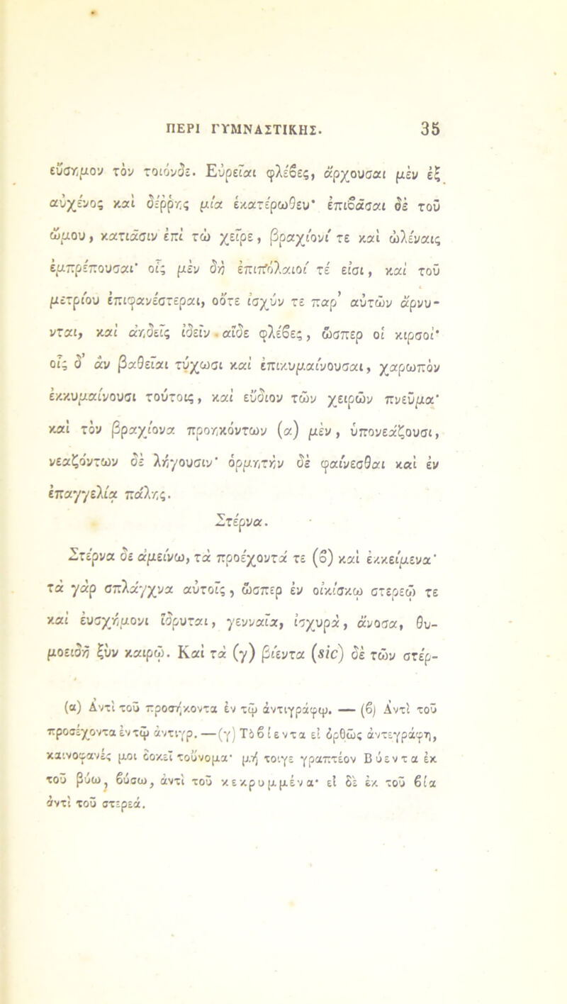 ενογμον τόν τοιόνδε. Εΰρεϊαι φλέβες, άρχουσαι μεν έξ αύχένος καί δέρρχς μία έκατέρω9ευ* έπιοάσαι $έ τού ώαου, κατιάσιν έπΐ τώ χεΓρε, βραχίονι' τε καί ώλέναις εμπρεπονσαι' οίς μεν επιπόλαιοι τέ εισι, καί τού μέτριου έπιφανέστεραι, οό'τε ίσχόν τε παρ’ αυτών άρνυ- ντχι, καί αΥ,σείς ίαεΐν. α?ς)ε φλέβες, ώσπερ οί κιρσοί* οίς <3’ άν βχθεϊαι τγχωσι καί ίπι/.υμαίνουσαι, χαρωπόν έκκυριαίνουσι τουτοις, καί εϋ'σιον των χειρών πνεϋρια’ καί τόν βραχίονα προυχόντων (α) ριέν, ύπονεάζουσι, νεαζο’ντων σέ λίχουσιν’ όρμγτκν οε φαινεσθαι καί έν επαγγελία πα'λ/,ς. Πτέρνα. Στέρνα οε άμεινω, τά προέχοντα' τε (ο) καί έκκείριενα' τά */«ρ σπλα·/χνα αύτοϊς, ώσπερ έν οίκίσκω στερεό) τε καί έυσχ/'ριονι ίσρυται, γενναία, ισχυρά, άνοσα, Θυ- μοειοή ξΰν καιρό). Καί τά (γ) βιεντα (ίίί) <3έ τό)ν στέρ- (α) Αντί τοΰ προσήκοντα έν τψ άντιγράφψ. — (β) Αντί τοΰ προσεχονταέντψ άντιγρ.—(γ) Τδβίεντα εί δρΟώς άντεγράφη, καινοφανές μοι οοκεΐ τοΰνομα- μή τοιγε γραπτέον Βύεντα έκ τοΰ βυω, βυσω, αντί τοΰ κεκρυμμένα· εί δε έκ τοΰ βία αντί τοΰ στερεά.
