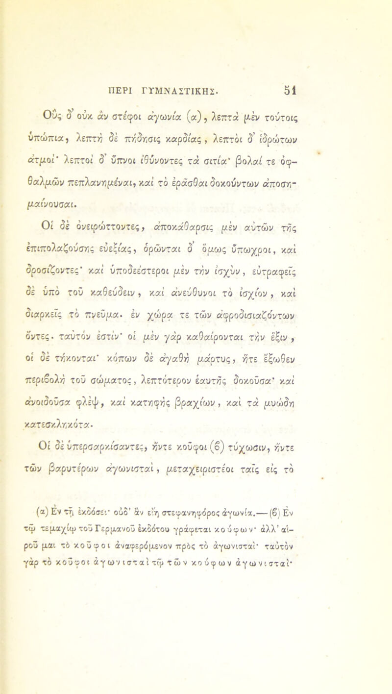 Ους ο ουκ άν στέφοι αγωνία (α), λεπτά μ'εν τούτοις υπώπια} λεπτή <5ε π/,δ^σις καρδιας , λεπτόι <5 ιδρώτων ατμοί λεπτοί δ ύπνοι ιθύνοντες τά αιτία' βολαί τε οφ- θαλμιών πεπλανημέναι, καί τδ έράσθαι δοκούντων άποση~ μαίνουααι. Οί οέ όνειρώττοντες, αποκάθαρσις μεν αυτών τής έπιπολαζούσης εύεζίας, όρώνται δ όμως ΰπωχροι, καί δροαίζοντες' -καί υποδεέστεροι μεν τήν ίσχυν, ευτραφείς δε υπό τοΰ καθεύόειν, καί ανεύθυνοι τό ίαχίον, καί διαρκείς τό πνεύμα. εν χώρα τε των α’φροόισιαζο'ντων όντες. ταύτόν εστίν οί μεν γάρ καθαίρονται τήν έξιν , οί υέ τήκονται κόπων δε αγαθή μάρτυς, ήτζ εξωθεν περίβολέ τού σώματος, λεπτότερου ζαυτής δοκοϋαα' καί άνοιδοΰσα φλέψ, καί κατη^ής βραχίων , καί τα μυώδη κατεακληκότα· Οί δεΰπερααρκίααντες, ήντε κούφοι(β) τύχωσιν, ή'ντε τών βαρυτε'ρων άγωνισταί, μεταχειριατέοι ταϊς εις τό (α) Εν ττ, έκδόσει· ούδ’ &ν ε’.η στεφανηφόρος αγωνία.— (β) Εν τώ τεμαχίψ τοϋ Γερμανού έκοότου γράφεται κο ύφων άλλ’αί- ροΰ μαι τό κουφοί άναφερόμενον πρί>ς τό άγωνισταί· ταύτόν γάρ τό κουφοί άγων ισταίτψ τών κούφων άγωνισταί·