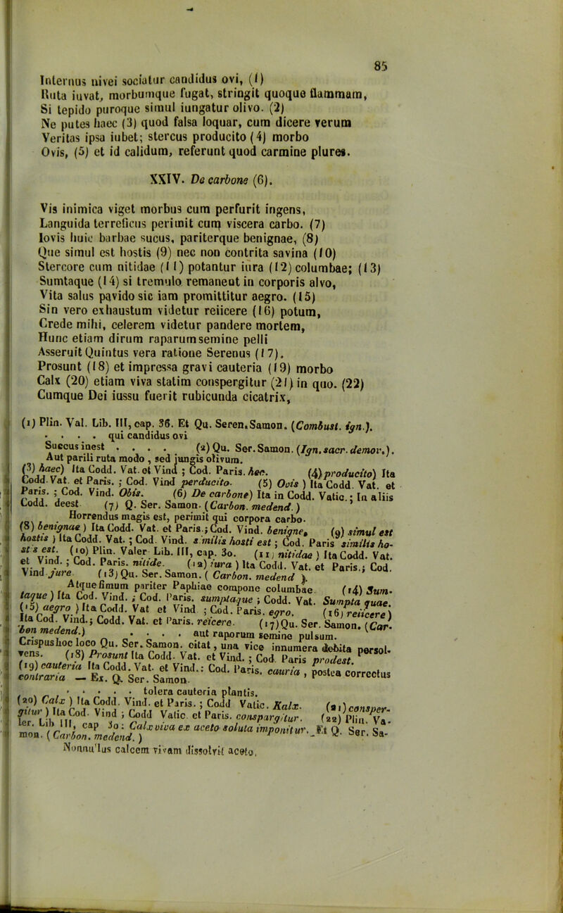 Internili nivei sociatur candidus ovi, (1) Ruta iuvat, morbumque fugat, stringi! quoque flammam, Si lepido puroque simul iungatur olivo. (2) Ne putes liaec (3) quod falsa loquar, cum dicere veruni Veritas ipsa iubet; stercus producito(4) morbo Ovis, (5) et id calidum, referunt quod carmine plure». XXIV. Ve carbone (6). Vis inimica viget morbus cum perfurit ingens, Languida terreficus periinit curq viscera carbo. (7) lovis buie barbae sucus, pariterque benignae, (8) Que simul est hostis (9) nec non contrita savina (10) Stercore cum nitidae (II) potantur iura (12) columbae; ((3) Sumtaque (14) si tremulo remaneut in corporis alvo, Vita salus pavido sic iam promittitur aegro. (15) Sin vero exhaustum videtur reiicere (16) potum, Crede mihi, celerem videtur pandere rnortem, Hunc etiam dirum raparumsemine pelli AsseruitQuintus vera ratione Serenus (17). Prosunt (18) et impressa gravi cauteria (19) morbo Calx (20) etiam viva statim conspergitur (21) in quo. (22) Cumque Dei iussu fuerit rubicunda cicatrix. (i) Plin. Val. Lìb. III,eap. 36. Et Qu. Seren.Samon. (Combusi. tati.). • . . . qui candidus ovi Succusinest .... (2) Qu. Ser. Samon. (Ign.sacr.demoi\). Aut parili ruta modo , sed jungis olivum. ^£afrc) ,ta 6°dd. Vat. et Vind ; Cod. Paris, /tee. (4)producilo) Ita Codd. Vat. et Paris. ; Cod. Vind perducito. (5) Oois ) Ita Codd. Vat. et !iCof Vwd‘ o(6) De carion*) Ita Codd. Vatic.: In aliis Lodd. deest (7) Q. Ser. Samon. (Carbon. medend. ) . Horrendus magis est, periinit qui corpora carbo. (8) benignae ) Ita Codd. Vat. et Paris.; Cod. Vind. benigne, (9) simul est h°xl*\ltarCo.d^.. Va‘-.’.CodIV’,n)1,t smll‘* tosti est ; Cod. Paris similis ha- ll v7nd • r° iPpR' -Va eF-f'h’1 ; C,p.‘ 3o- (*1 > nitidae ) Ita Codd. Vat. et Vind. , Cod. Pans. nitide (, a) JUra ) Ita Codd. Vat. et Paris.; Cod. Vind jwre ( ,3) Qu. Ser. Samon. ( Carbon. medend } . ^ r.Parser Papbiae compone columbae fri) Sum- taque)\ta. Cod. Vind. ; Cod. Pans. stum/iiayue ; Codd. Vat. Sumpta guae. ( 15) aegro.) Ita Codd. Vat et Vind ; Cod. Paris, egro. (16) reiicere ) immt'dmf)''’ C°d<1' V“1'  rf'r‘ Ser. Samon. (Cor. ben medend.) . . . aut raporum semine pulsum. COd- ™ tolera cauteria plantis. (20) Calx )Jla CodJ. Vind. et Paris. ; Codd Vatic. Kalx. gitur ) Ila Cod. Vind ; Codd Valic et Paris, conspargitur. cap 3.0: Calx viva ex aceto solata imponimi mon, ( Carbon. medend. ) Nonnu'lus calcem vivam dissolyil aceto (a 1)consper- (22) Plin. Va- Q. Ser. Sa-