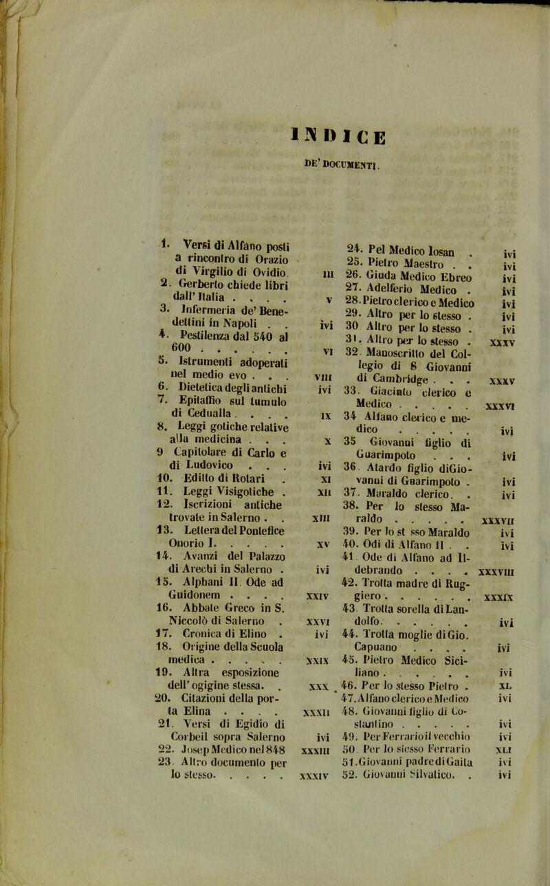 INDICE DE’DOCUMENTI. 1. Versi di Alfano posli a rincontro di Orazio di Virgilio di Ovidio. 2. Gerberto chiede libri dall’Italia . . . . 3- Infermeria de’Bene- dettini in Napoli . . 4. Pestilenza dal 540 al 600 5. Islrumenti adoperali nel medio evo . . . 6. Dietetica degli antichi 7. Epitaffio sul tumulo di Cedualla .... 8. Leggi gotiche relative alla medicina . . . 9 Capitolare di Carlo e di Ludovico . . . 10. Editto di Polari . 11. Leggi Visigotiche . 12. Iscrizioni antiche trovate in Salerno . . 13. Lettera del Pontefice Onorio I 14. Avanzi del Palazzo di Arechi in Salerno . 15. Alphani II. Ode ad Guidonem .... 16. Abbate Greco in S. Niccolò di Salerno 17. Cronica di Elino . 18. Origine della Scuola medica ..... 19. Altra esposizione dell’ogigine stessa. . 20. Citazioni della por- ta Elina .... 21. Versi di Egidio di Corbeil sopra Salerno 22. Josep Medico nel 848 23 Altro documento per 24. Pel Medico losan ivi 25. Pietro Maestro . ivi Ili 26. Giuda Medico Ebreo ivi 27. Adelferio Medico . ivi V 28. Pietro clerico e Medico ivi ■fc • ivi 29. Altro per lo stesso . ivi 30 Altro per lo stesso . ivi 3t. Altro pei1 lo stesso . XXXV VI 32. Manoscritto del Col- legio di S Giovanni Vili ivi di Cambridge . . . 33. Giacinto clerico e XXXV Medico .... xxxvi IX 34 Alfano clerico e me- dico ivi X 35 Giovanni figlio di ivi Guarimpoto . . . 36 Atardo figlio diGio- ivi XI vanui di Guarimpoto . ivi XII 37. Maratdo clerico. 38. Per lo stesso Ma- ivi XIII raldo XXXVII 39. Perlost ssoMaraldo ivi XV 40. Odi di Alfano il . 41. Ode di Alfano ad 11- ivi ivi debrando .... 42. Trotta madre di Rug- XXXVIII XXIV giero 43. Trotta sorella diLan- xxxrx XXVI dolfo ivi ivi 44. Trotta moglie diGio. Capuano .... ivi XXIX 45. Pietro Medico Sici- liano ivi XXX . 46. Per lo stesso Pietro . XL 47. Alfano clerico e Medico ivi XXXII 48. Giovanni figlio di Lo- sbuffino ivi ivi 49. Per Ferrano il vecchio ivi XXXIII 50 Per lo stesso Ferrarlo XLI 51.Giovanni padrediGaita ivi