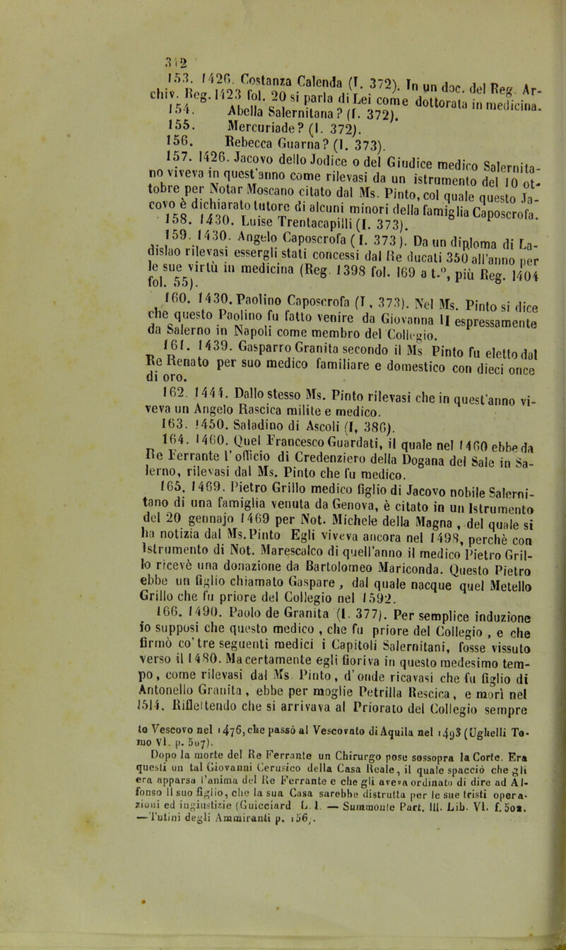 3i 2 lo.?. 1420. Costanza Calenda (T. 372) ln n » rhiv I?ptr no'? rni oa „• i i. r • doc. del Reg. Ar- i-v. ?'ts%rdouora,a - *55. Mercuriade? (I. 372). 156. Rebecca Guarna? (1. 373). 157. 1426. Jacovo dello Jodice o del Giudice medico Salernita- no v.veva in quest anno come rilevasi da un istrumenlo de Ilo ut. tobre per Notar Mescano citato dal Ms. Finto, col quale quL!o la- «7* l“l0T <!'alcum minori <lella famigliu Caposcrofa 158. 1430. Luise Trentacapilli (I. 373). 1 * 159. 1430. Angelo Caposcrofa ( [. 373). Da un diploma di La- dislao rilevasi essergli stati concessi dal He ducati 350 all'anno „er le sue virtù in medicina (Rcg 1398 Ibi. 169 a t.°, più Ree. 1404 160. 1430. Paolino Caposcrofa (T, 373). Nel Ms. Pinto si dice che questo Pacdino fu fatto venire da Giovanna U espressamente da Salerno in Napoli come membro del Collegio. 161. 1439. Gasparro Granita secondo il Ms Pinto fu eletto dal fenato per suo medico familiare e domestico con dieci once 162 1444. Dallo stesso Ms. Pinto rilevasi che in quest’anno vi- veva un Angelo Rascica milite e medico. 163. !450. Saladino di Ascoli (I, 386). 164. 1460. Quel Francesco Guardati, il quale nel MGOebbeda Re l'errante 1 officio di Credenziero della Dogana del Sale in Sa- lerno, rilevasi dal Ms. Pinto che fu medico. 165. 1469. Pietro Grillo medico figlio di Jacovo nobile Salerni- tano di una famiglia venuta da Genova, è citato in un Istrumento del 20 gennaio 1469 per Not. Michele della Magna , del quale si ha notizia dui Ms. Pinto Egli viveva ancora nel 1493, perchè con Istrumento di Not. Marescalco di quell’anno il medico Pietro Gril- lo ricevè una donazione da Bartolomeo Mariconda. Questo Pietro ebbe un figlio chiamato Gaspare , dal quale nacque quel Metello Grillo che fu priore del Collegio nel 1592. 166. 1490. Paolo de Granita (1. 377). Per semplice induzione io supposi che questo medico , che fu priore del Collegio , e che firmò co’tre seguenti medici i Capitoli Salernitani, fosse vissuto verso il 1430. Ma certamente egli fioriva in questo medesimo tem- po, come rilevasi dal Ms Pinto, d onde ricavasi che fu figlio di Antonello Granita, ebbe per moglie Petrilla Rescica, e morì nel 1514. Riflettendo che si arrivava al Priorato dei Collegio sempre to Vescovo nel 1476, che passò al Vescovato di Aquila nel iAqS f EJehelli To- mo Vi. p. 5u7>. Dopo la morte del Re Ferrante un Chirurgo pose sossopra la Corte. Era questi un tul Giovanni Cerusico della Casa Reale, il quale spacciò che gli era apparsu l’anima del Re Ferrante e che gli aveva ordinato di dire ad Al- fonso 11 suo figlio, clic la sua Casa surobbe distrutta per le sue (fisti opera- w«ni ed ingiustizie (Guicciard L. 1. — Summonle Part. IH. Lib. VI. f. 5oi. —Tulini degli Ammiranti p. i56;.