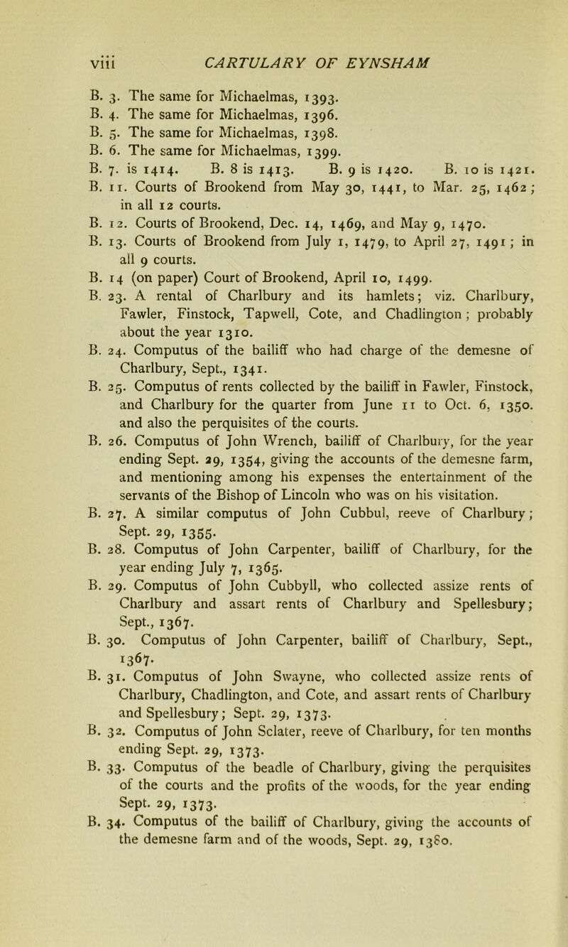 B. 3. The same for Michaelmas, 1393. B. 4. The same for Michaelmas, 1396. B. 5. The same for Michaelmas, 1398. B. 6. The same for Michaelmas, 1399. B. 7. is 1414. B. 8 is 1413. B. 9 is 1420. B. 10 is 1421. B. 11. Courts of Brookend from May 30, 1441, to Mar. 25, 1462; in all 12 courts. B. 12. Courts of Brookend, Dec. 14, 1469, and May 9, 1470. B. 13. Courts of Brookend from July 1, 1479, to April 27, 1491; in all 9 courts. B. 14 (on paper) Court of Brookend, April 10, 1499. B. 23. A rental of Charlbury and its hamlets; viz. Charlbury, Fawler, Finstock, Tapwell, Cote, and Chadlington; probably about the year 1310. B. 24. Computus of the bailiff who had charge of the demesne of Charlbury, Sept., 1341. B. 25. Computus of rents collected by the bailiff in Fawler, Finstock, and Charlbury for the quarter from June 11 to Oct. 6, 1350. and also the perquisites of the courts. B. 26. Computus of John Wrench, bailiff of Charlbury, for the year ending Sept. 29, 1354, giving the accounts of the demesne farm, and mentioning among his expenses the entertainment of the servants of the Bishop of Lincoln who was on his visitation. B. 27. A similar computus of John Cubbul, reeve of Charlbury; Sept. 29, 1355. B. 28. Computus of John Carpenter, bailiff of Charlbury, for the year ending July 7, 1365. B. 29. Computus of John Cubbyll, who collected assize rents of Charlbury and assart rents of Charlbury and Spellesbury; Sept., 1367. B. 30. Computus of John Carpenter, bailiff of Charlbury, Sept., 1367. B. 31. Computus of John Swayne, who collected assize rents of Charlbury, Chadlington, and Cote, and assart rents of Charlbury and Spellesbury; Sept. 29, 1373. B. 32. Computus of John Sclaler, reeve of Charlbury, for ten months ending Sept. 29, 1373. B. 33. Computus of the beadle of Charlbury, giving the perquisites of the courts and the profits of the woods, for the year ending Sept. 29, 1373. B. 34. Computus of the bailiff of Charlbury, giving the accounts of the demesne farm and of the woods, Sept. 29, 13S0.