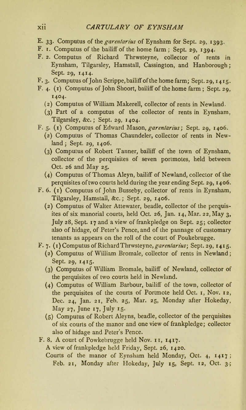 E. 33. Computus of the garentarius of Eynsham for Sept. 29, 1393. F. r. Computus of the bailiff of the home farm ; Sept. 29, 1394. F. 2. Computus of Richard Thrwsteyne, collector of rents in Eynsham, Tilgarsley, Hamstall, Cassington, and Hanborough; Sept. 29, 1414. F. 3. Computus of John Scrippe, bailiff of the home farm; Sept. 29,1415. F. 4. (x) Computus of John Shoort, bailiff of the home farm ; Sept. 29, 1404. (2) Computus of William Makerell, collector of rents in Newland. (3) Part of a computus of the collector of rents in Eynsham, Tilgarsley, &c.; Sept. 29, 1404. F. 5. (1) Computus of Edward Mason, garentarius\ Sept. 29, 1406. (2) Computus of Thomas Chaundeler, collector of rents in New- land; Sept. 29, 1406. (3) Computus of Robert Tanner, bailiff of the town of Eynsham, collector of the perquisites of seven portmotes, held between Oct. 26 and May 25. (4) Computus of Thomas Aleyn, bailiff of Newland, collector of the perquisites of two courts held during the year ending Sept. 29,1406. F. 6. (x) Computus of John Busseby, collector of rents in Eynsham, Tilgarsley, Hamstall, &c.; Sept. 29, 1406. (2) Computus of Walter Attewater, beadle, collector of the perquis- ites of six manorial courts, held Oct. 26, Jan. 14, Mar. 22, May 3, July 28, Sept. 17 and a view of frankpledge on Sept. 25; collector also of hidage, of Peter’s Pence, and of the pannage of customary tenants as appears on the roll of the court of Poukebrugge. F. 7. (1) Computus of Richard Thrwsteyne, Sept. 29, 1415. (2) Computus of William Bromale, collector of rents in Newland; Sept. 29, 1415. (3) Computus of William Bromale, bailiff of Newland, collector of the perquisites of two courts held in Newland. (4) Computus of William Barbour, bailiff of the town, collector of the perquisites of the courts of Portmote held Oct. 1, Nov. 12, Dec. 24, Jan. 21, Feb. 25, Mar. 25, Monday after Hokeday, May 27, June 17, July 15. (5) Computus of Robert Aleyns, beadle, collector of the perquisites of six courts of the manor and one view of frankpledge; collector also of hidage and Peter’s Pence. F. 8. A court of Powkebrugge held Nov. 11, 1417. A view of frankpledge held Friday, Sept. 26, 1420. Courts of the manor of Eynsham held Monday, Oct. 4, 1417;